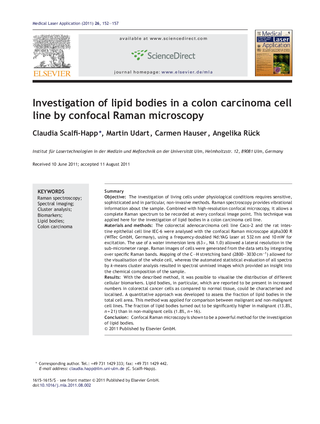 Investigation of lipid bodies in a colon carcinoma cell line by confocal Raman microscopy