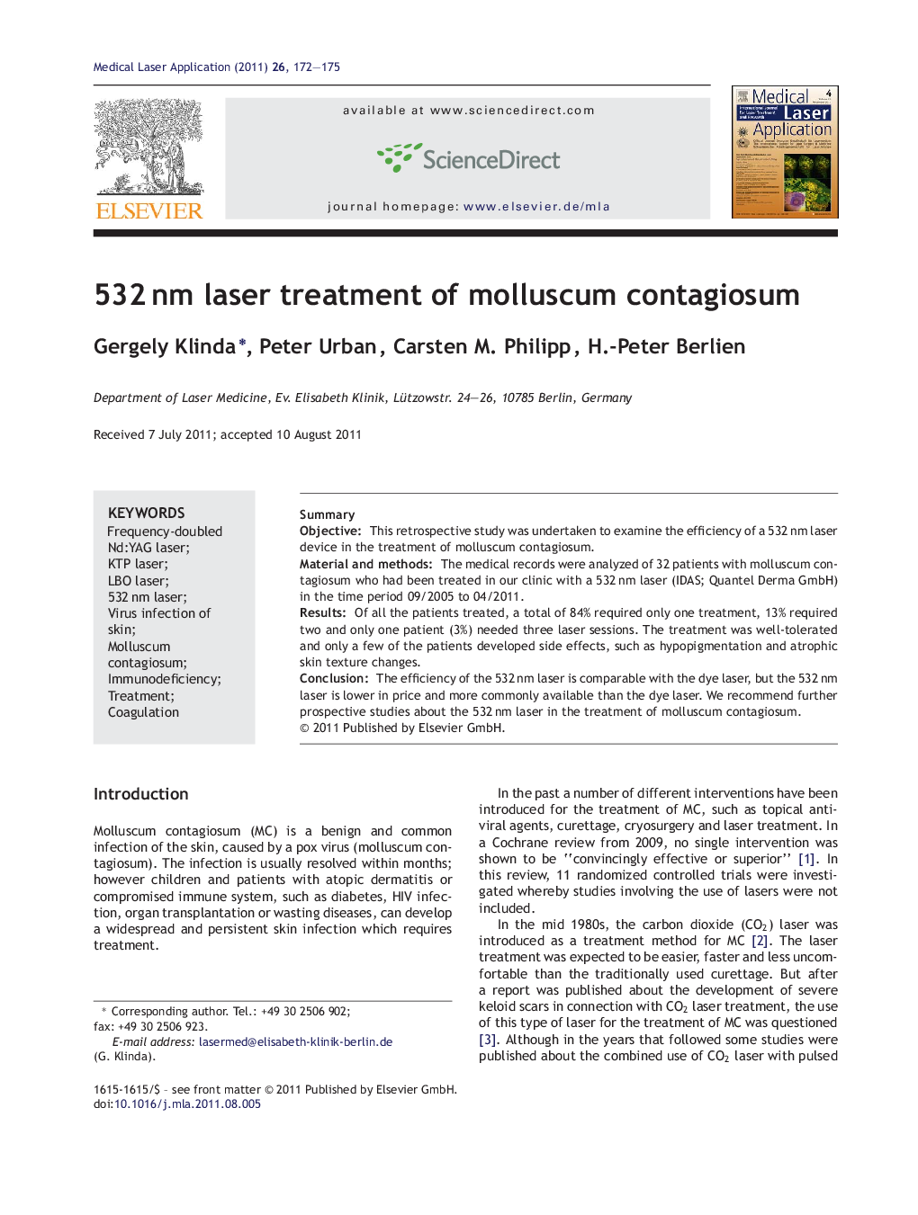 532 nm laser treatment of molluscum contagiosum