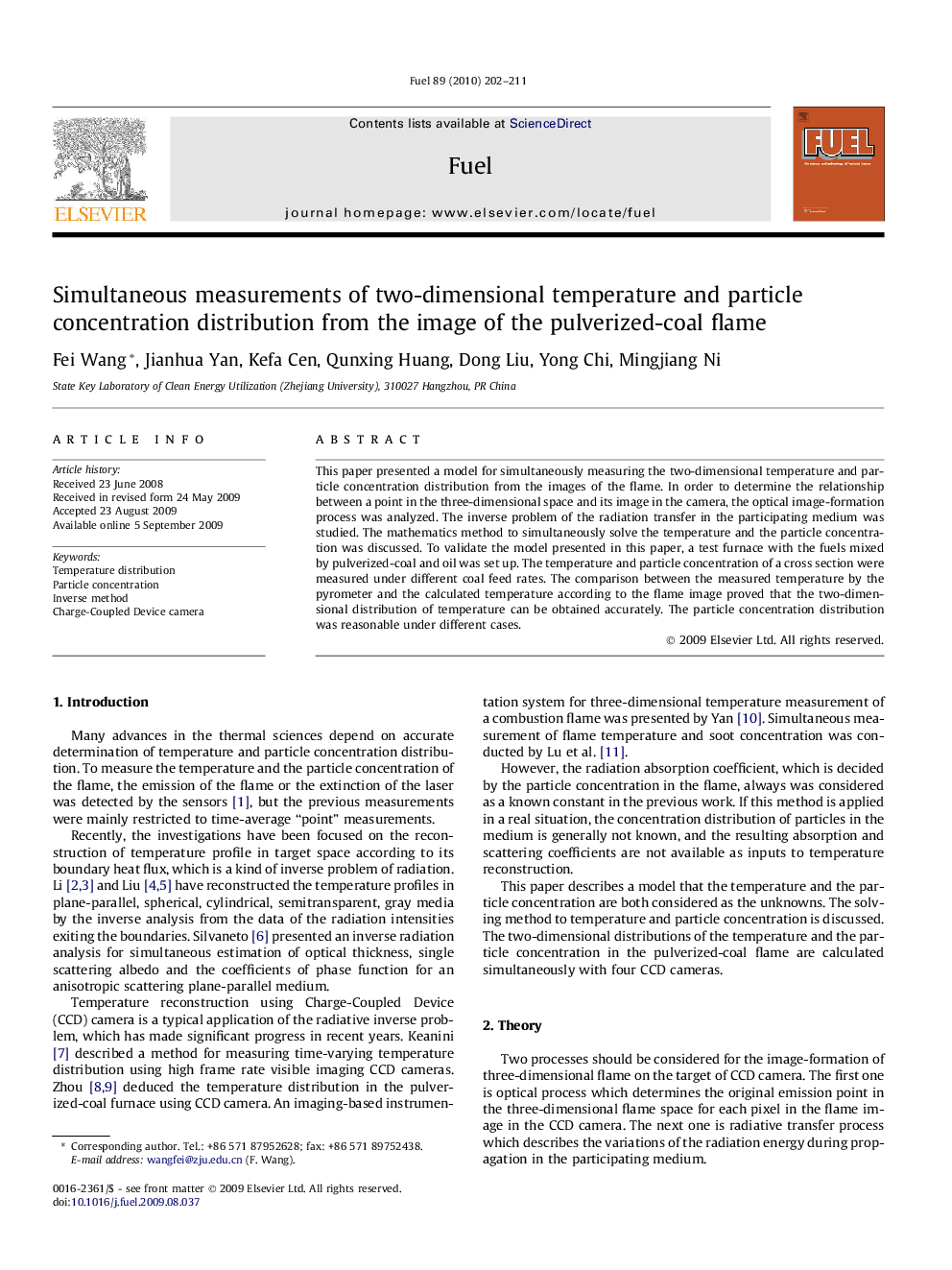 Simultaneous measurements of two-dimensional temperature and particle concentration distribution from the image of the pulverized-coal flame