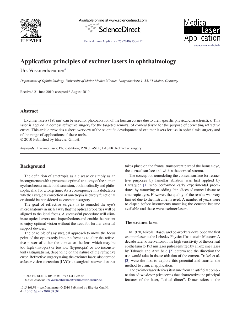 Application principles of excimer lasers in ophthalmology