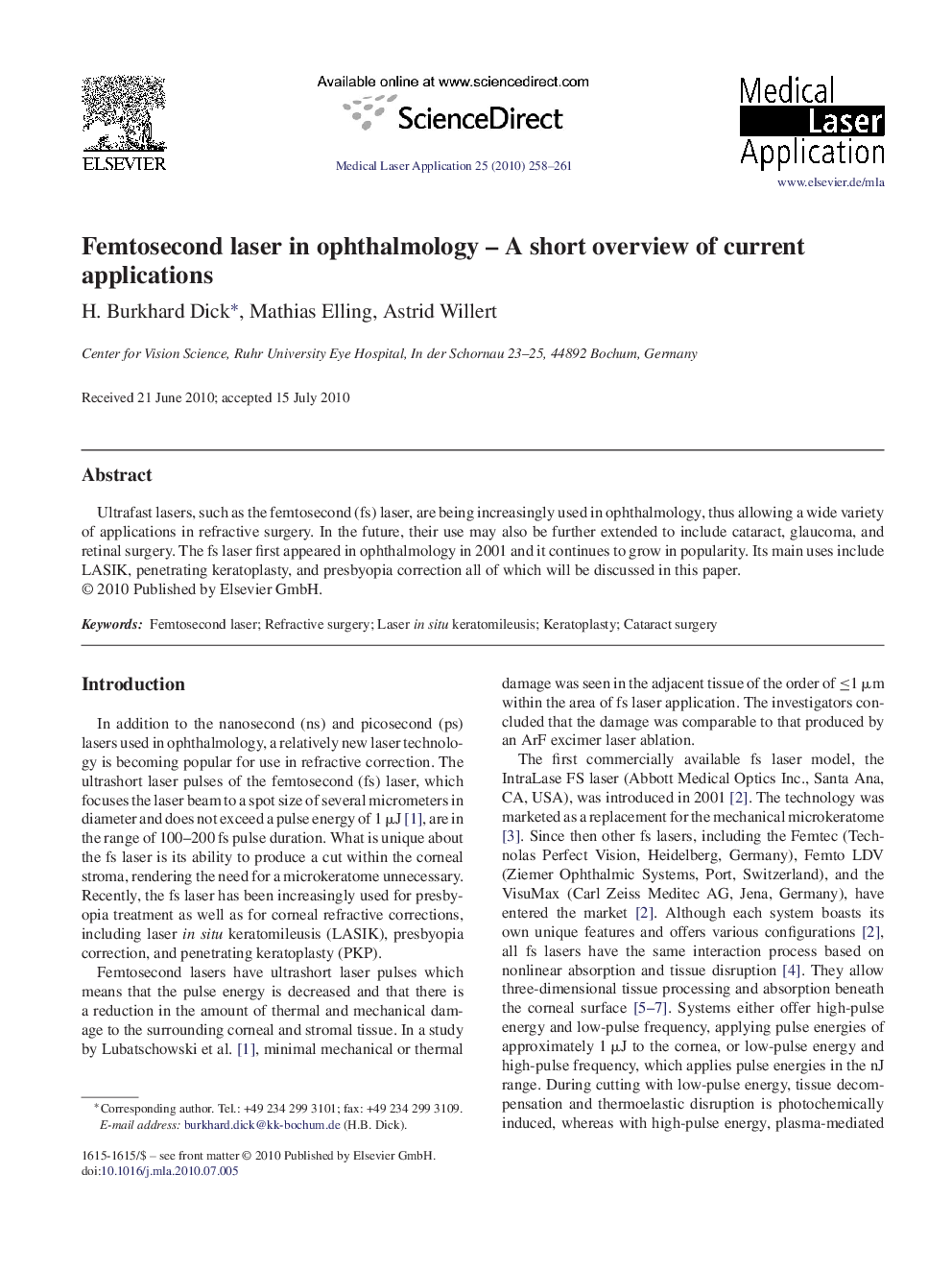 Femtosecond laser in ophthalmology – A short overview of current applications