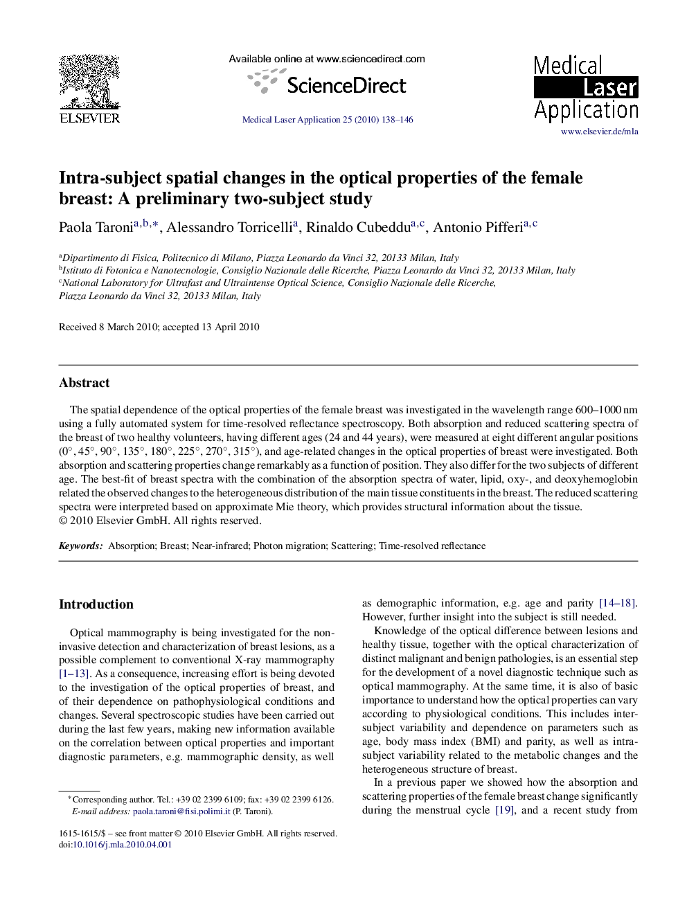 عکس صفحه اول مقاله: Intra-subject spatial changes in the optical properties of the female breast: A preliminary two-subject study Intra-subject spatial changes in the optical properties of the female breast: A preliminary two-subject study