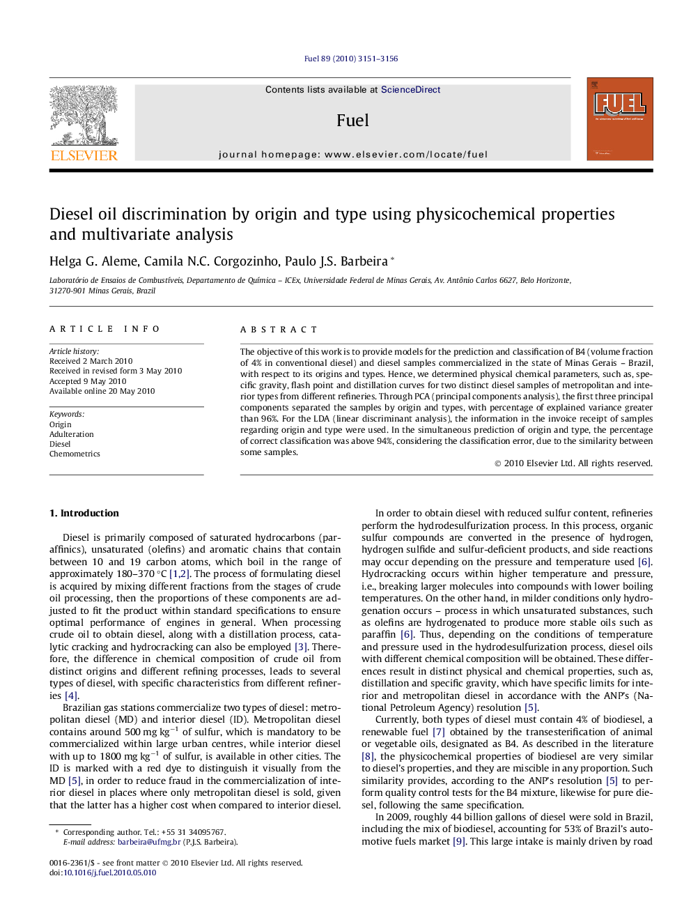 Diesel oil discrimination by origin and type using physicochemical properties and multivariate analysis