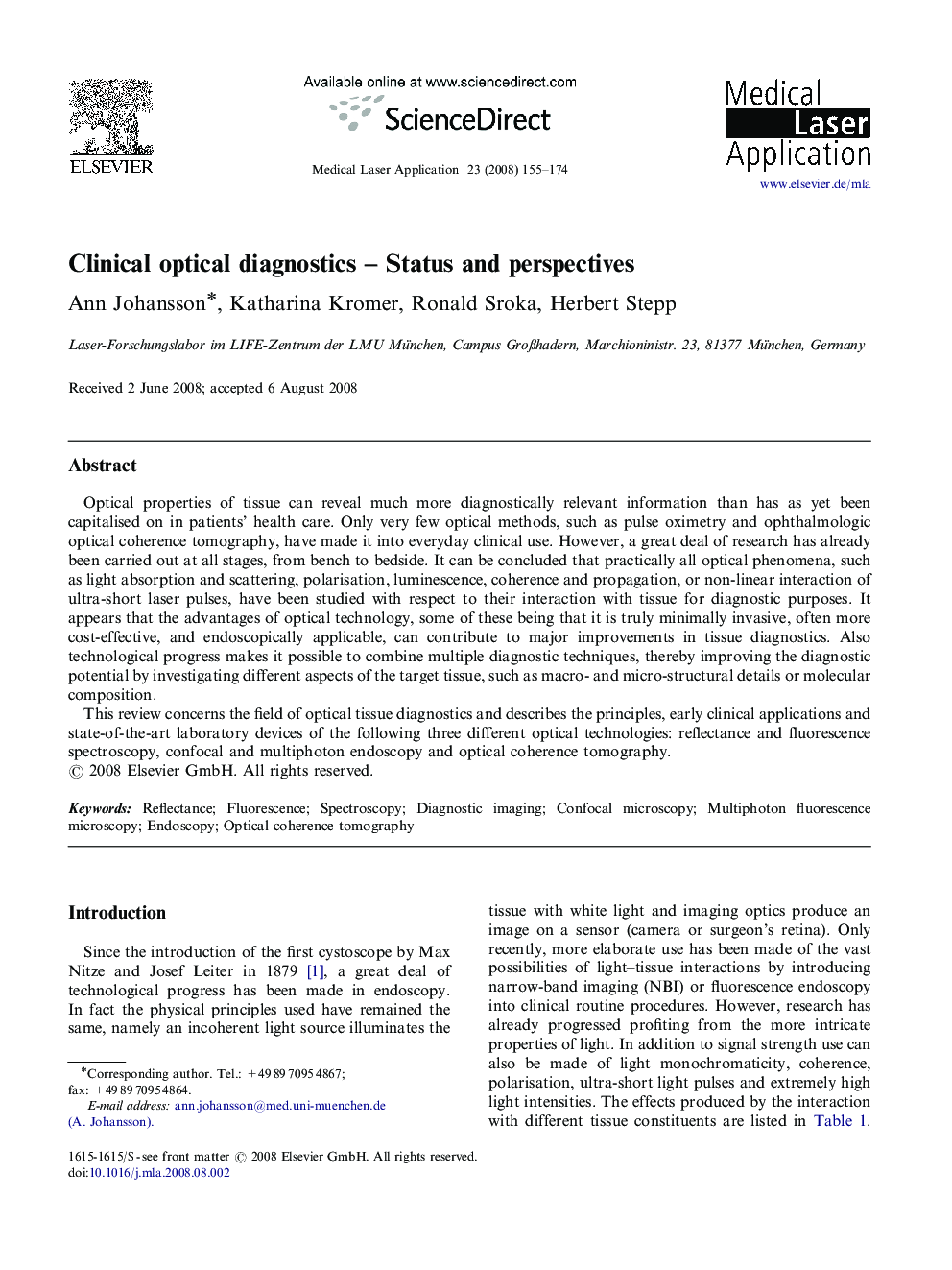 Clinical optical diagnostics – Status and perspectives