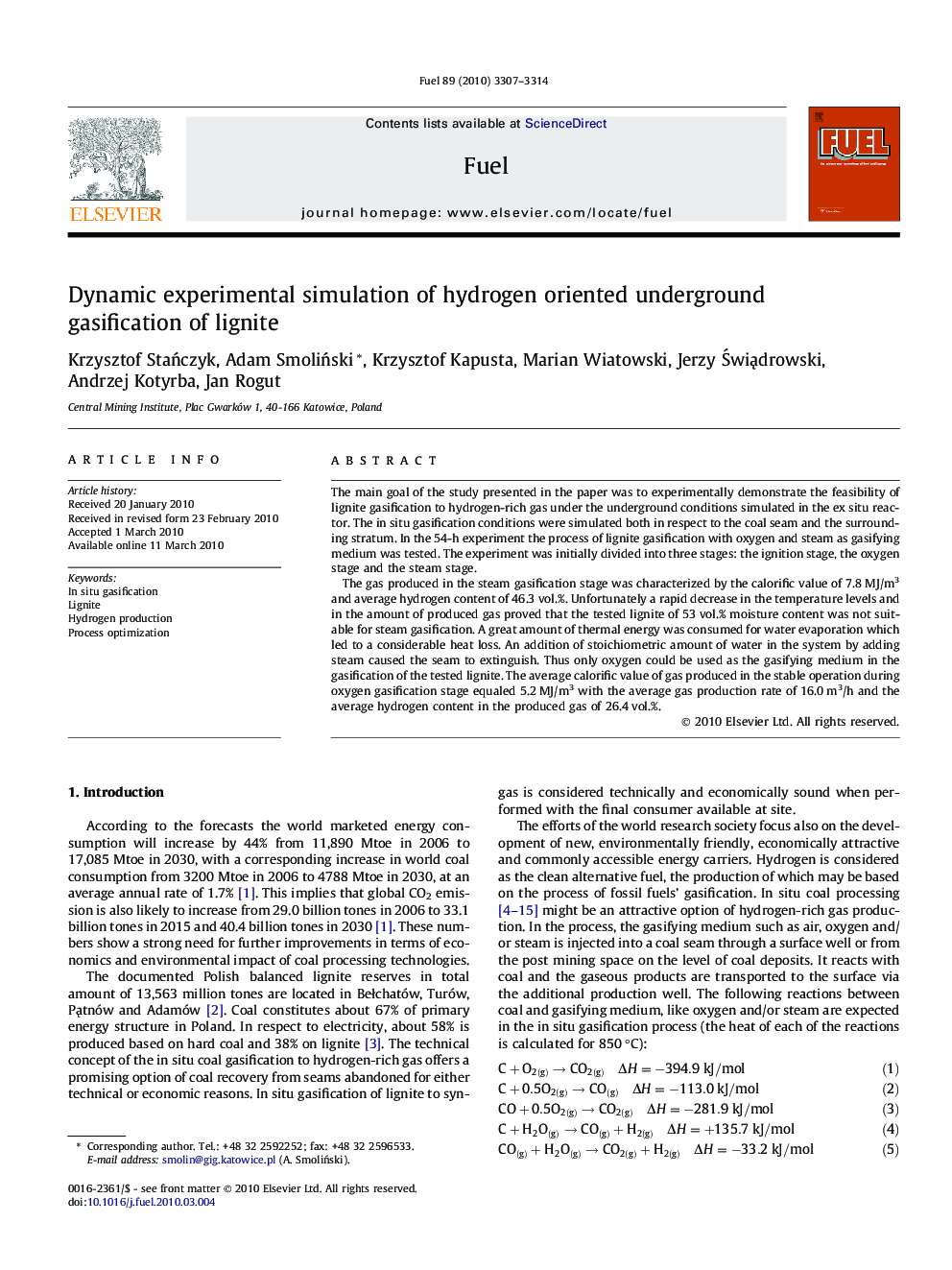 Dynamic experimental simulation of hydrogen oriented underground gasification of lignite