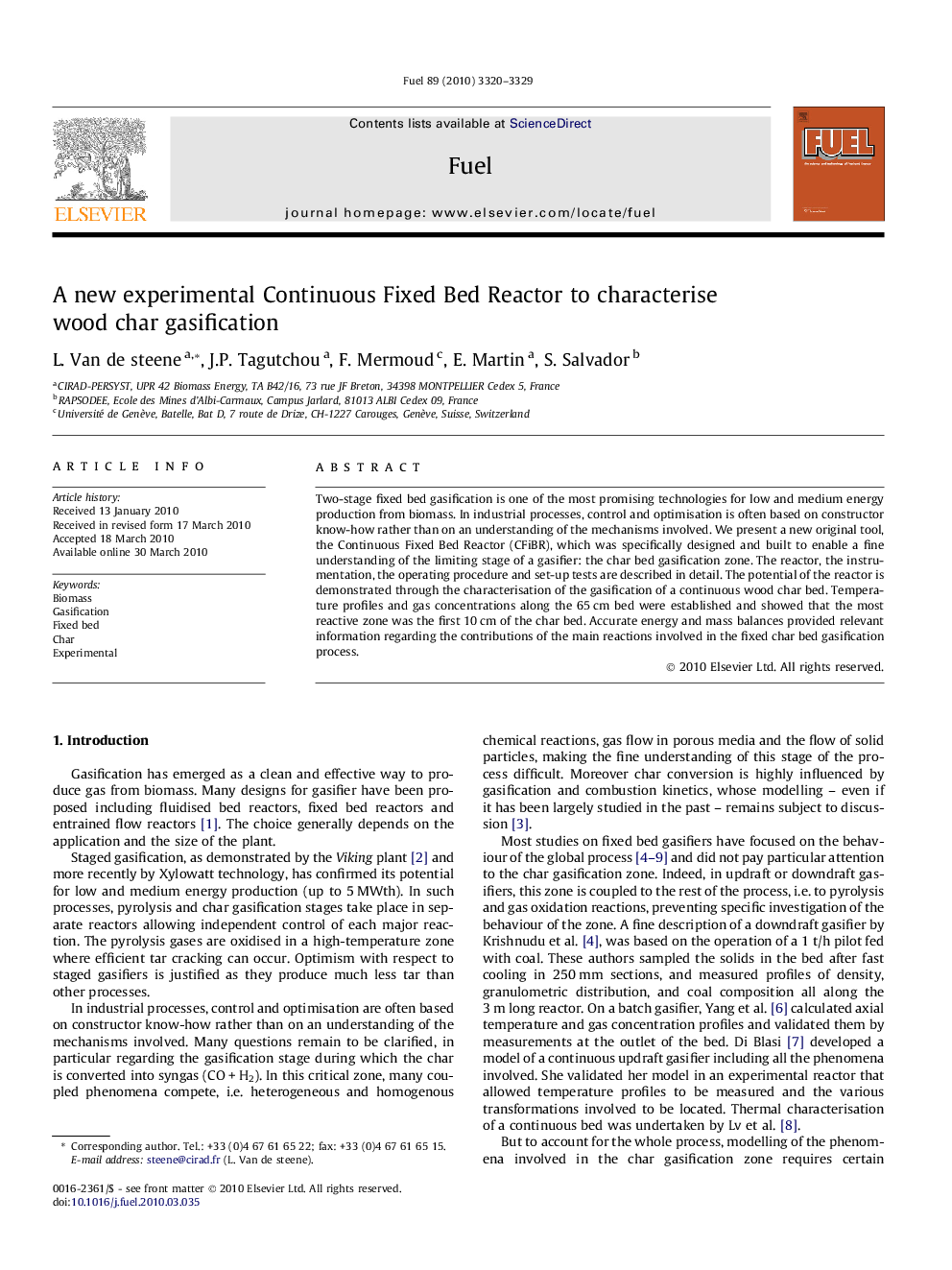 A new experimental Continuous Fixed Bed Reactor to characterise wood char gasification