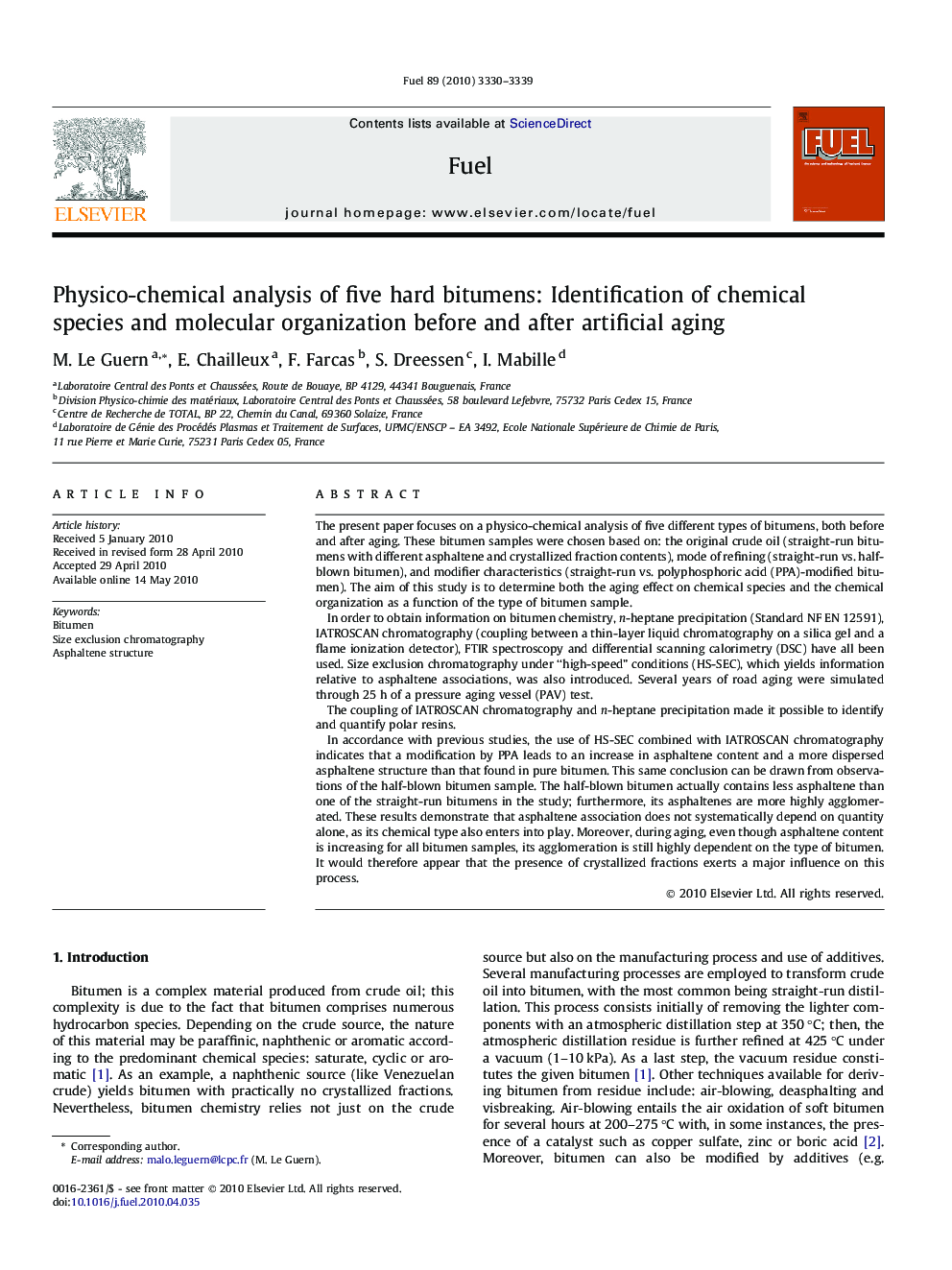 Physico-chemical analysis of five hard bitumens: Identification of chemical species and molecular organization before and after artificial aging