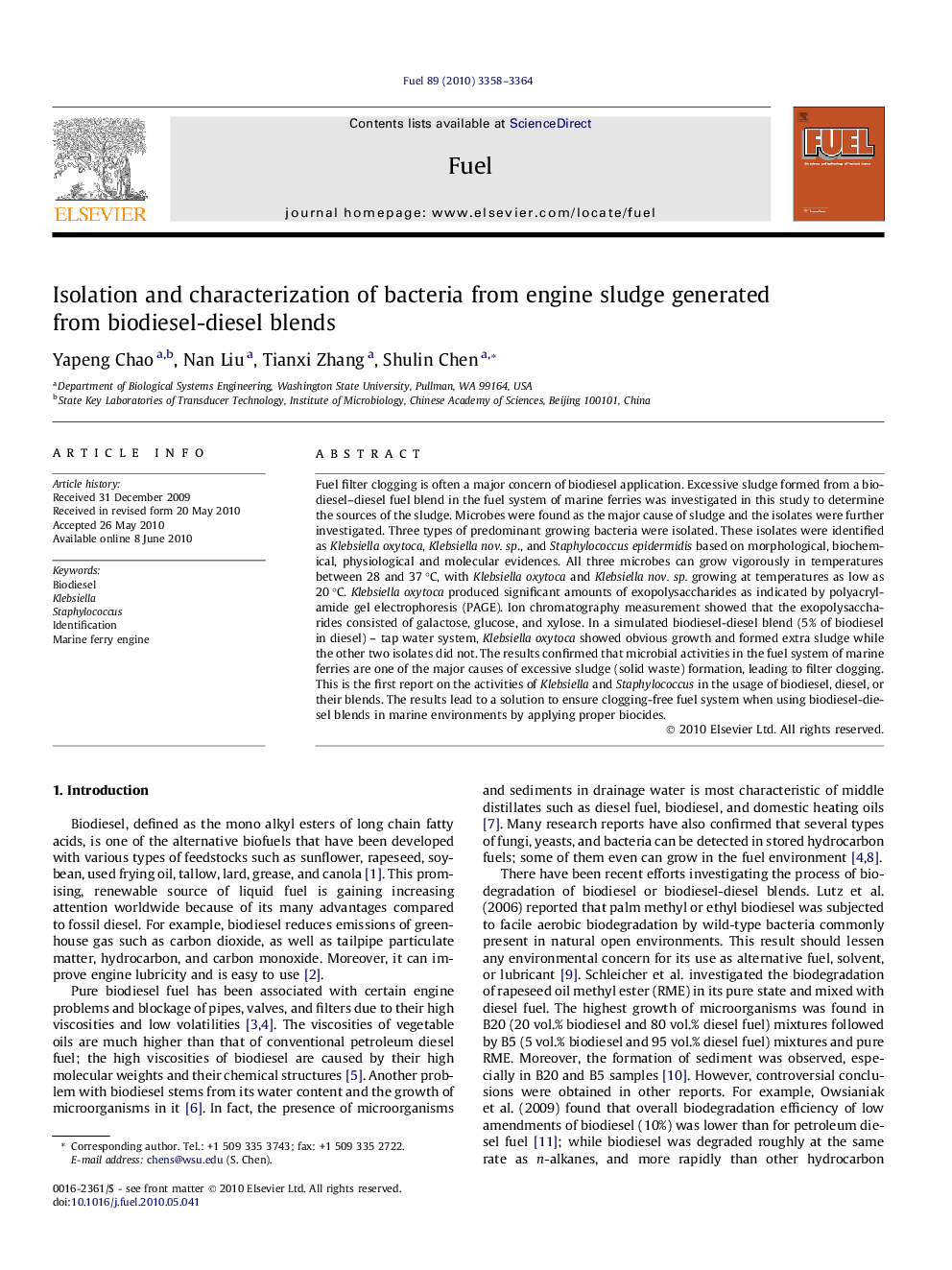 Isolation and characterization of bacteria from engine sludge generated from biodiesel-diesel blends