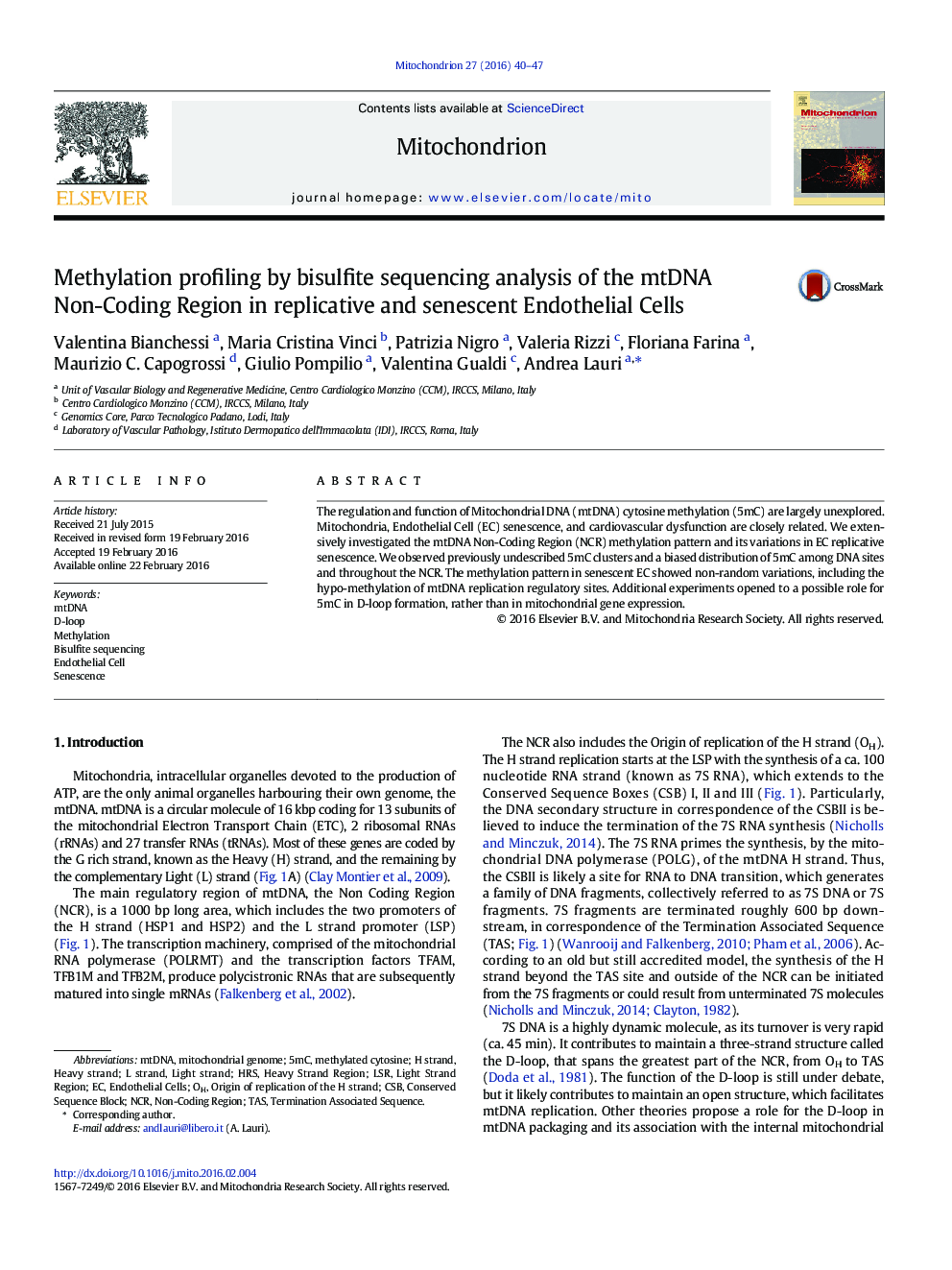 Methylation profiling by bisulfite sequencing analysis of the mtDNA Non-Coding Region in replicative and senescent Endothelial Cells