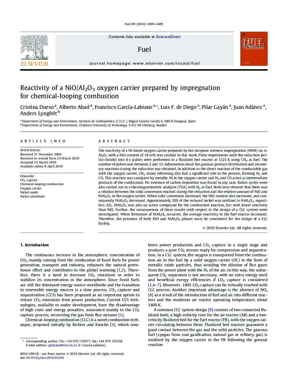 Reactivity of a NiO/Al2O3 oxygen carrier prepared by impregnation for chemical-looping combustion