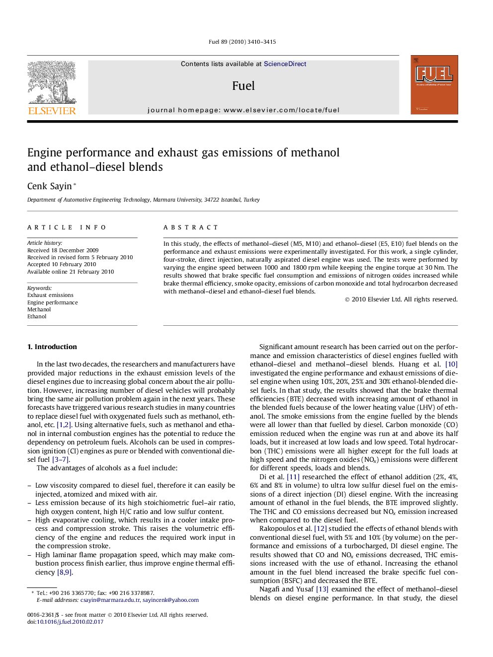 Engine performance and exhaust gas emissions of methanol and ethanol–diesel blends