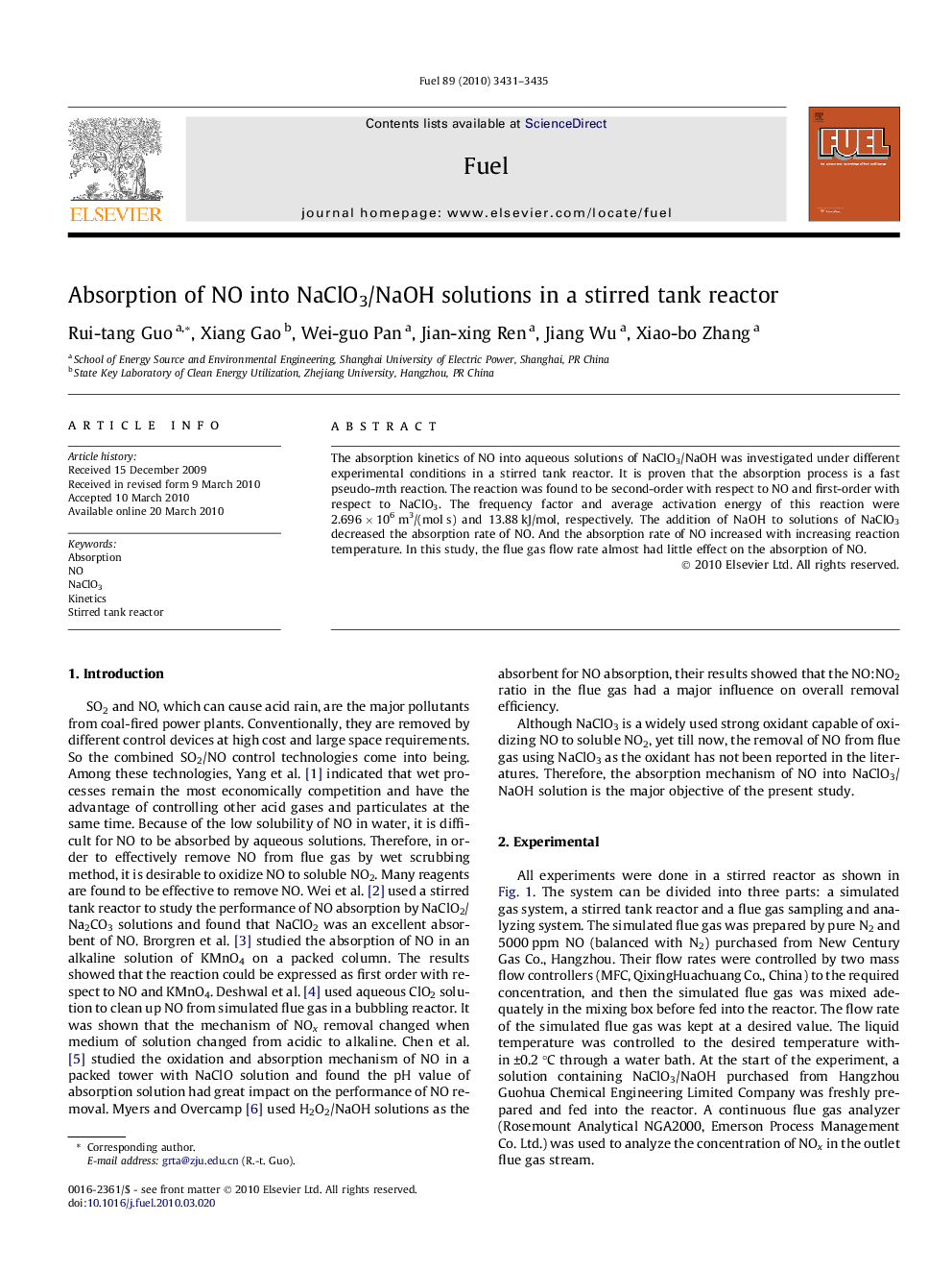 Absorption of NO into NaClO3/NaOH solutions in a stirred tank reactor