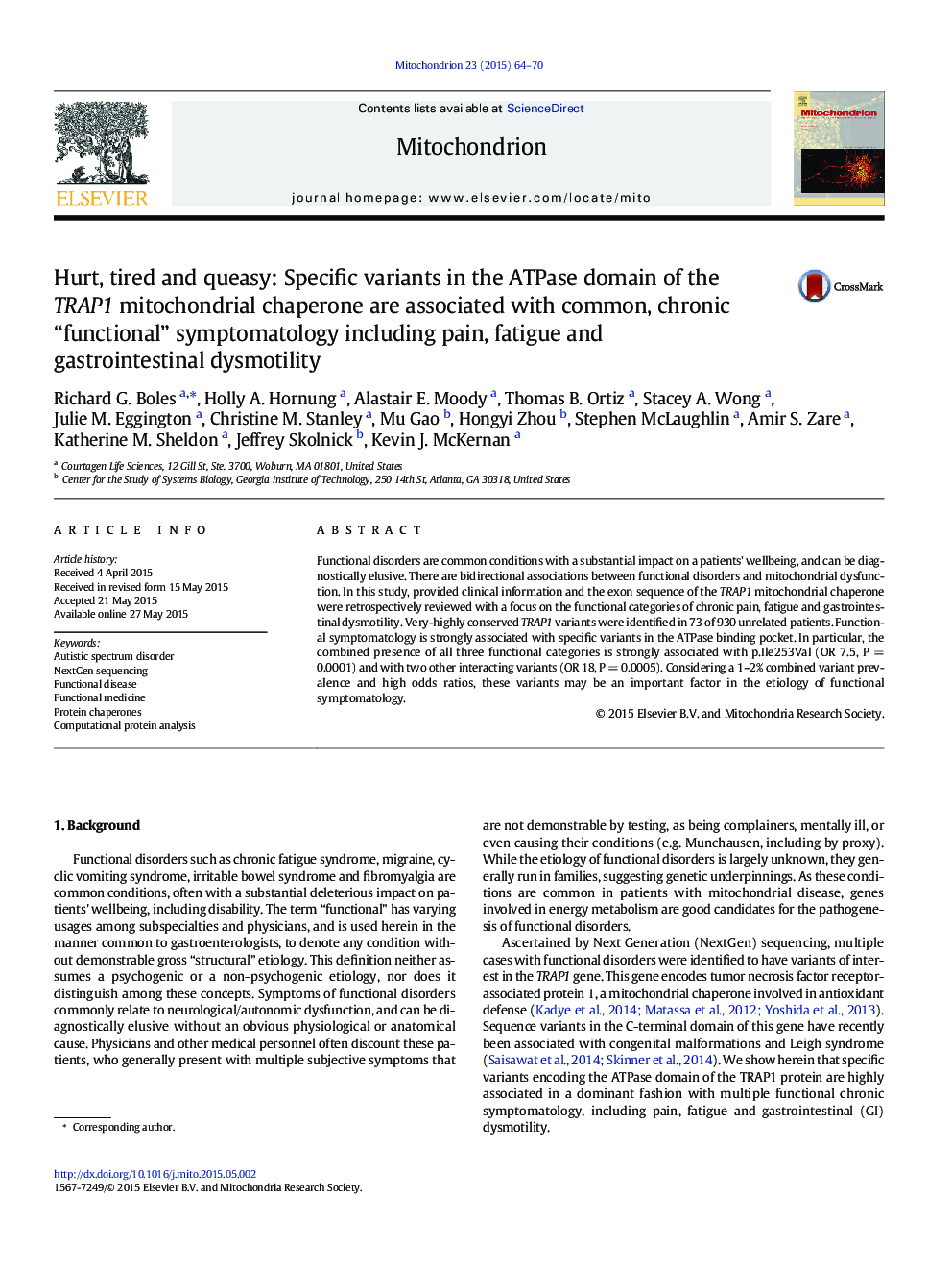 Hurt, tired and queasy: Specific variants in the ATPase domain of the TRAP1 mitochondrial chaperone are associated with common, chronic “functional” symptomatology including pain, fatigue and gastrointestinal dysmotility