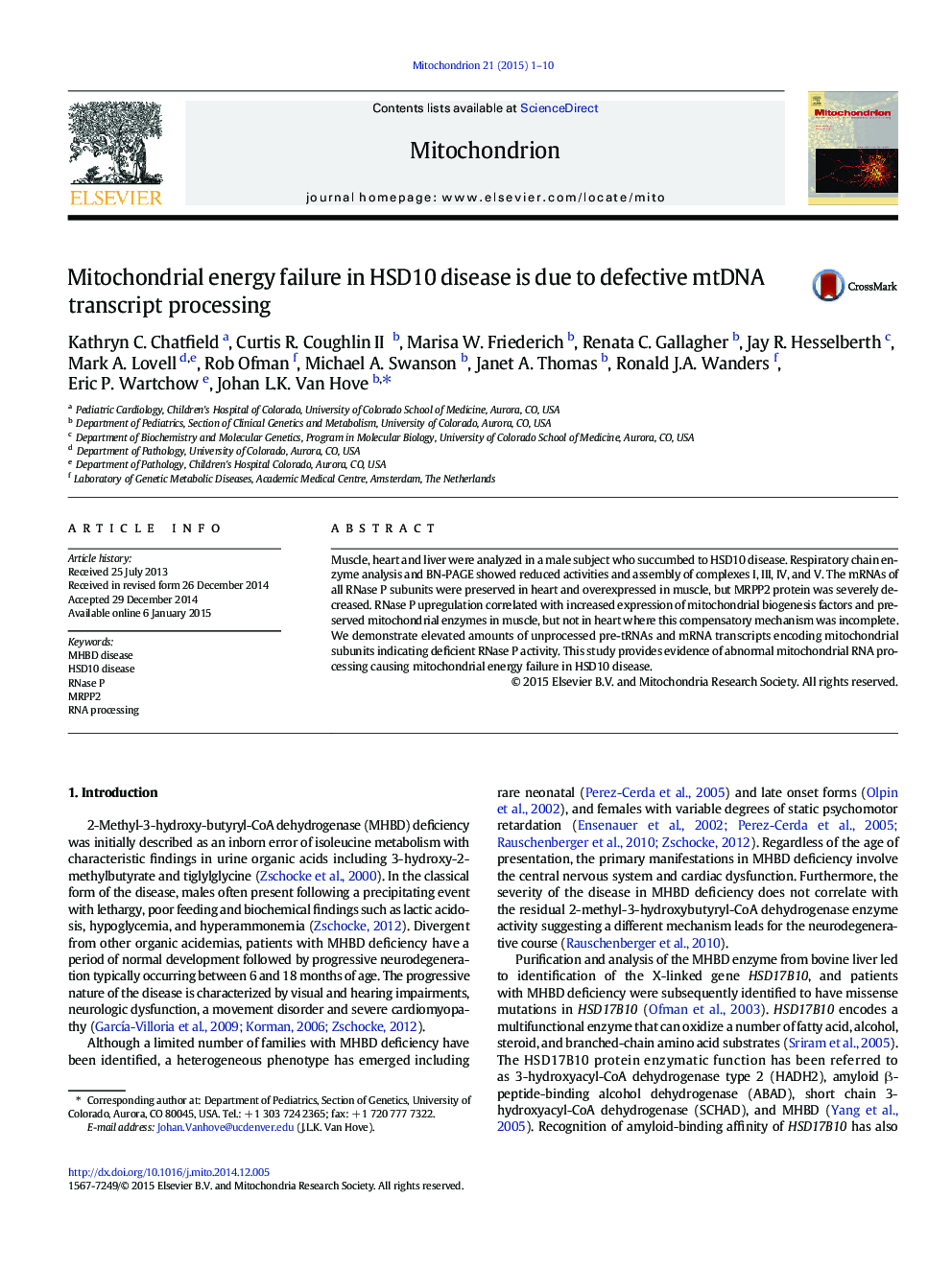 Mitochondrial energy failure in HSD10 disease is due to defective mtDNA transcript processing