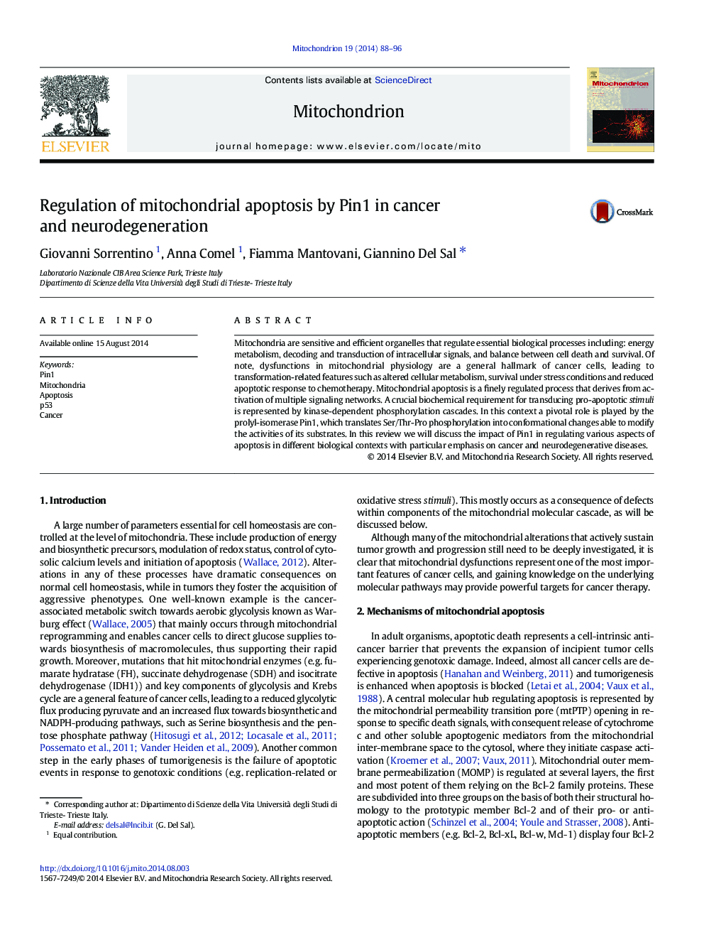 Regulation of mitochondrial apoptosis by Pin1 in cancer and neurodegeneration