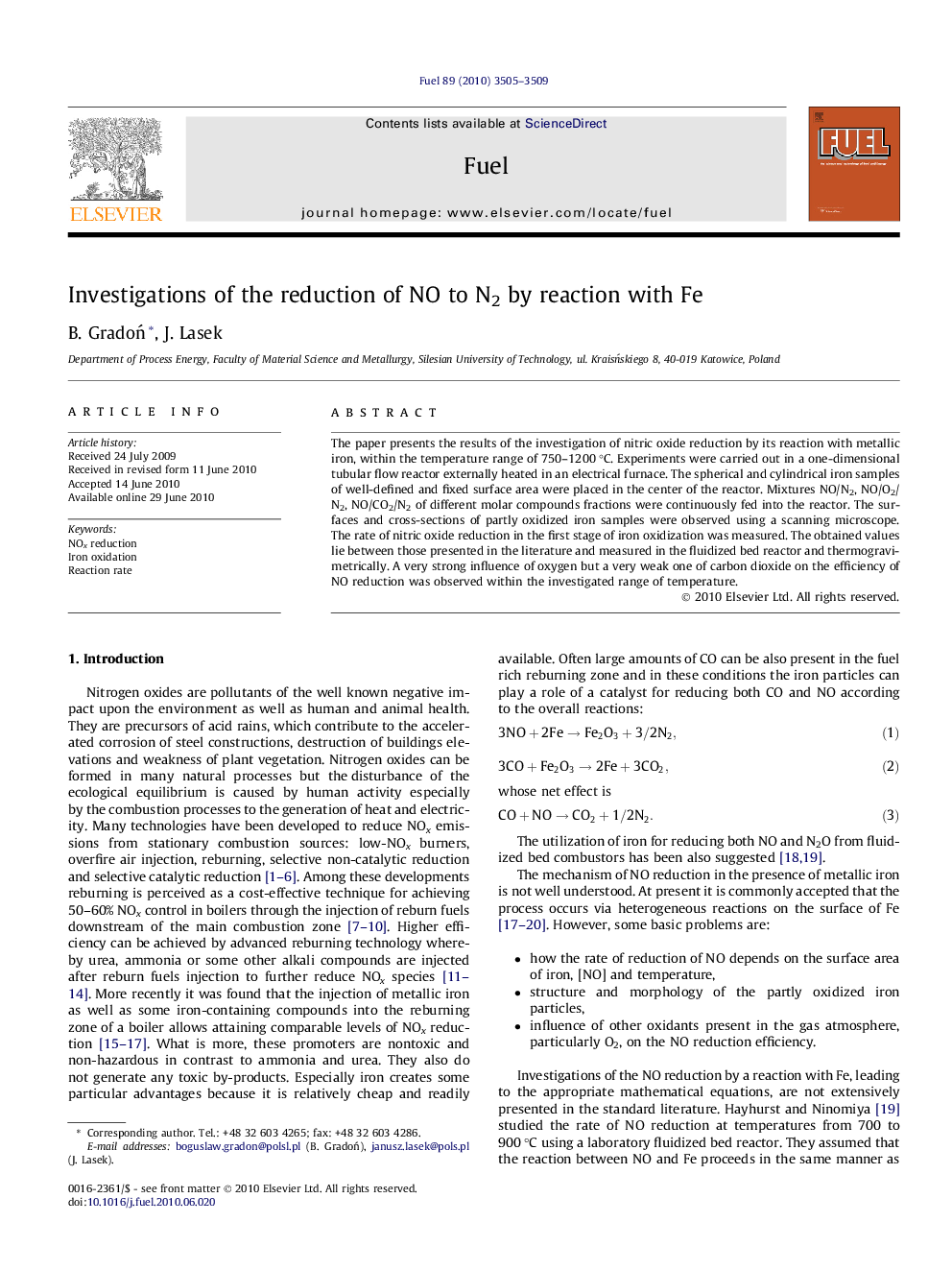 Investigations of the reduction of NO to N2 by reaction with Fe