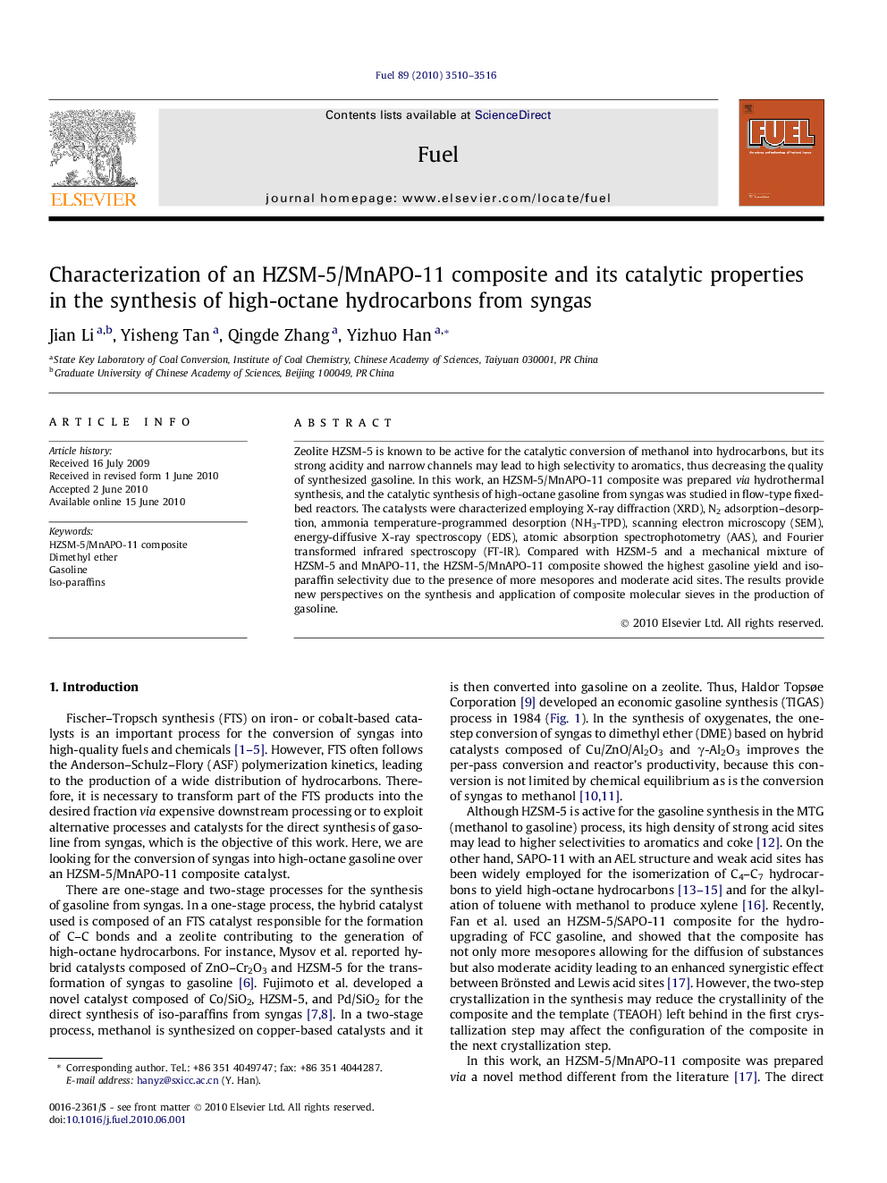 Characterization of an HZSM-5/MnAPO-11 composite and its catalytic properties in the synthesis of high-octane hydrocarbons from syngas