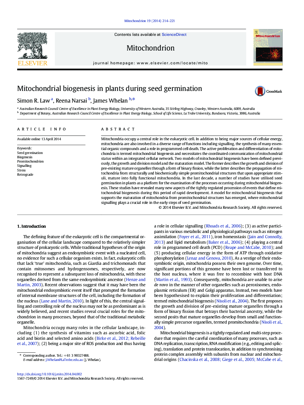 Mitochondrial biogenesis in plants during seed germination