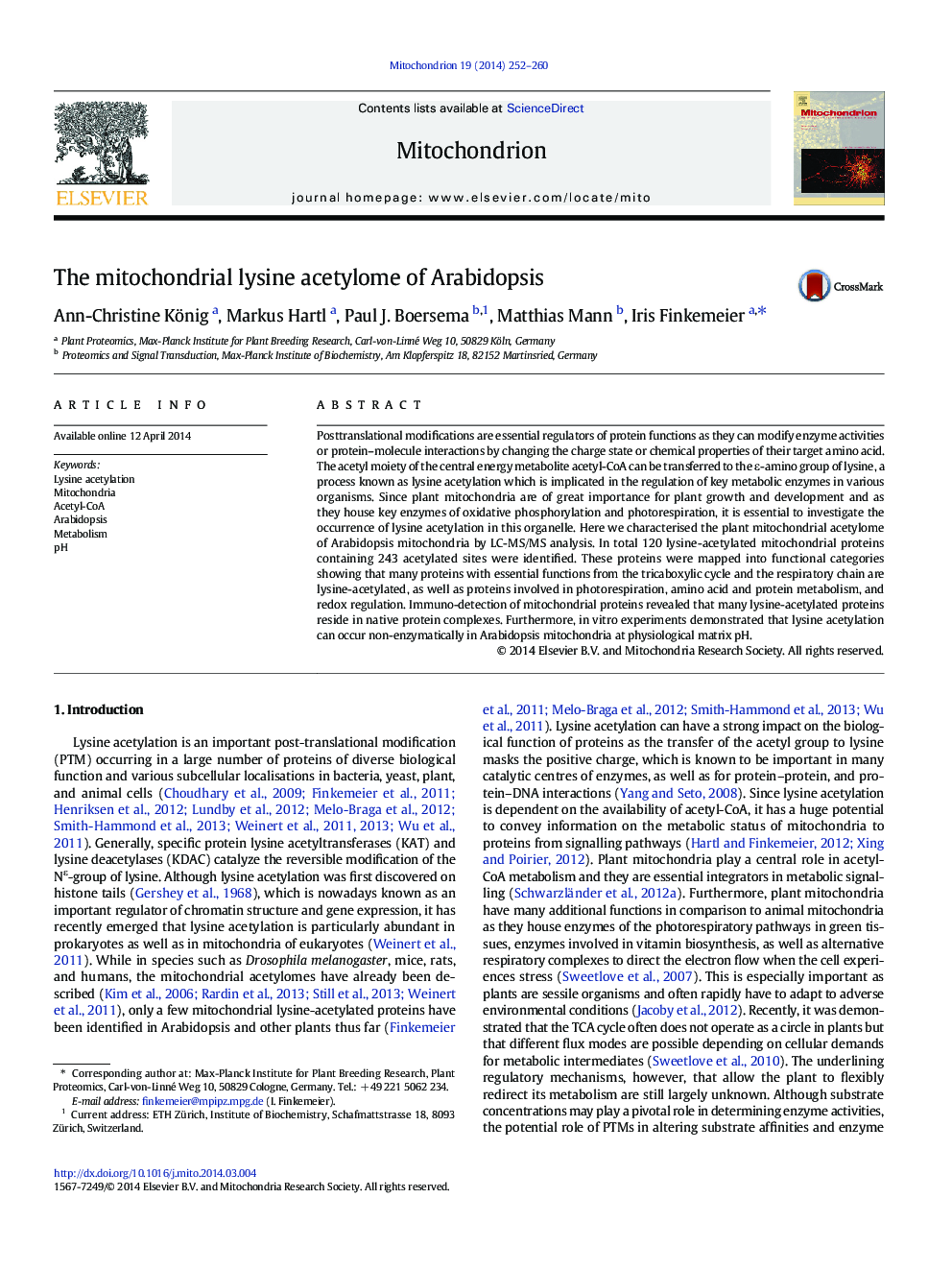 The mitochondrial lysine acetylome of Arabidopsis