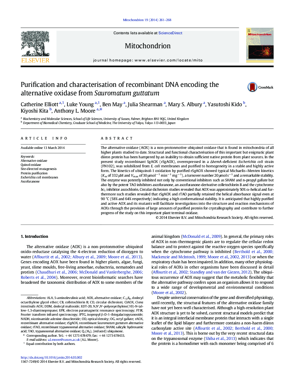 Purification and characterisation of recombinant DNA encoding the alternative oxidase from Sauromatum guttatum