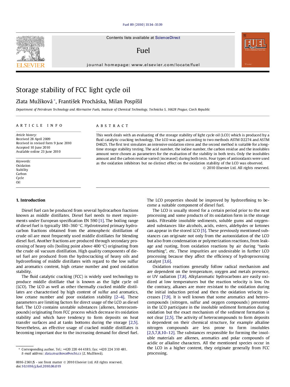 Storage stability of FCC light cycle oil