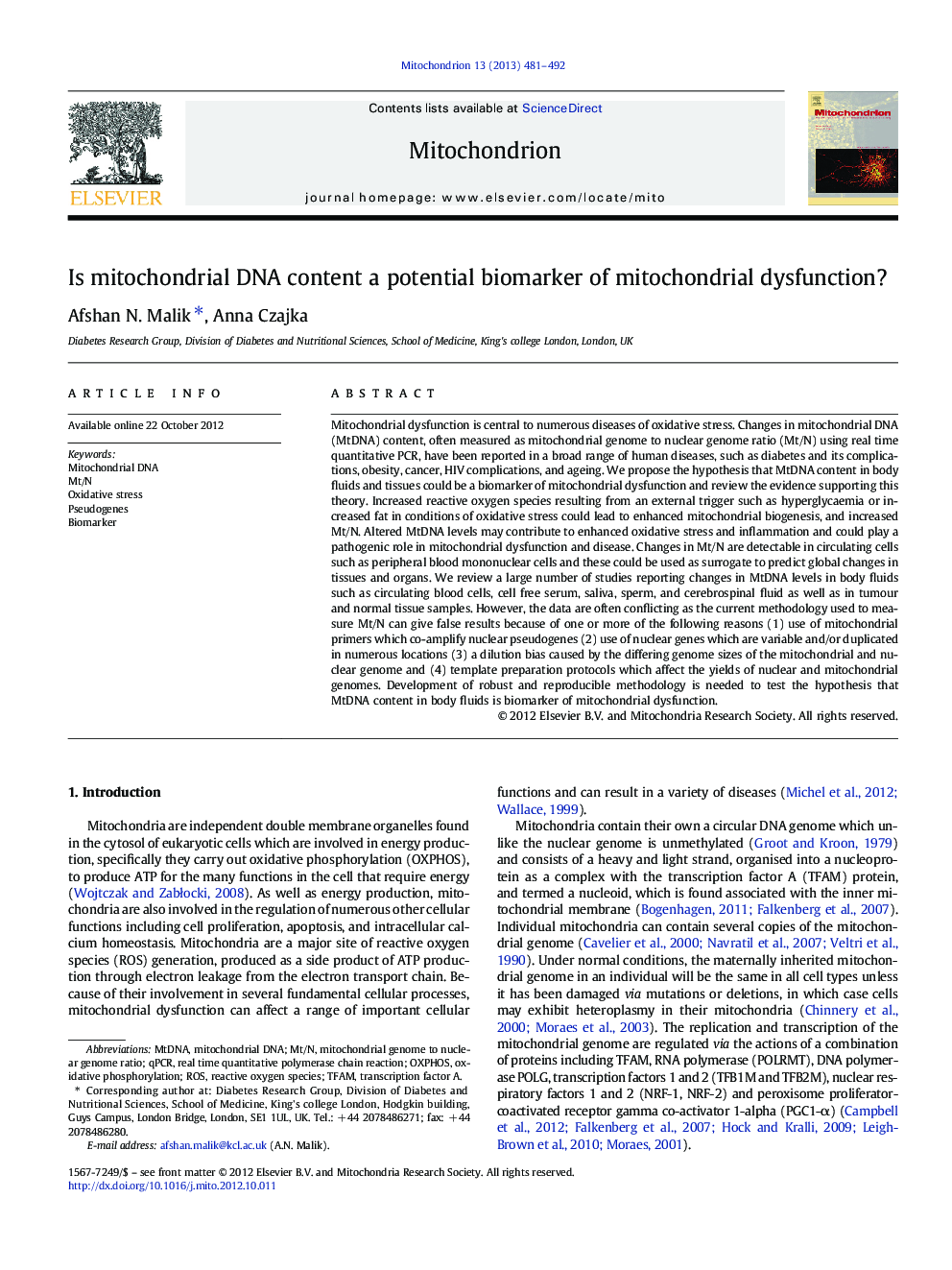 Is mitochondrial DNA content a potential biomarker of mitochondrial dysfunction?