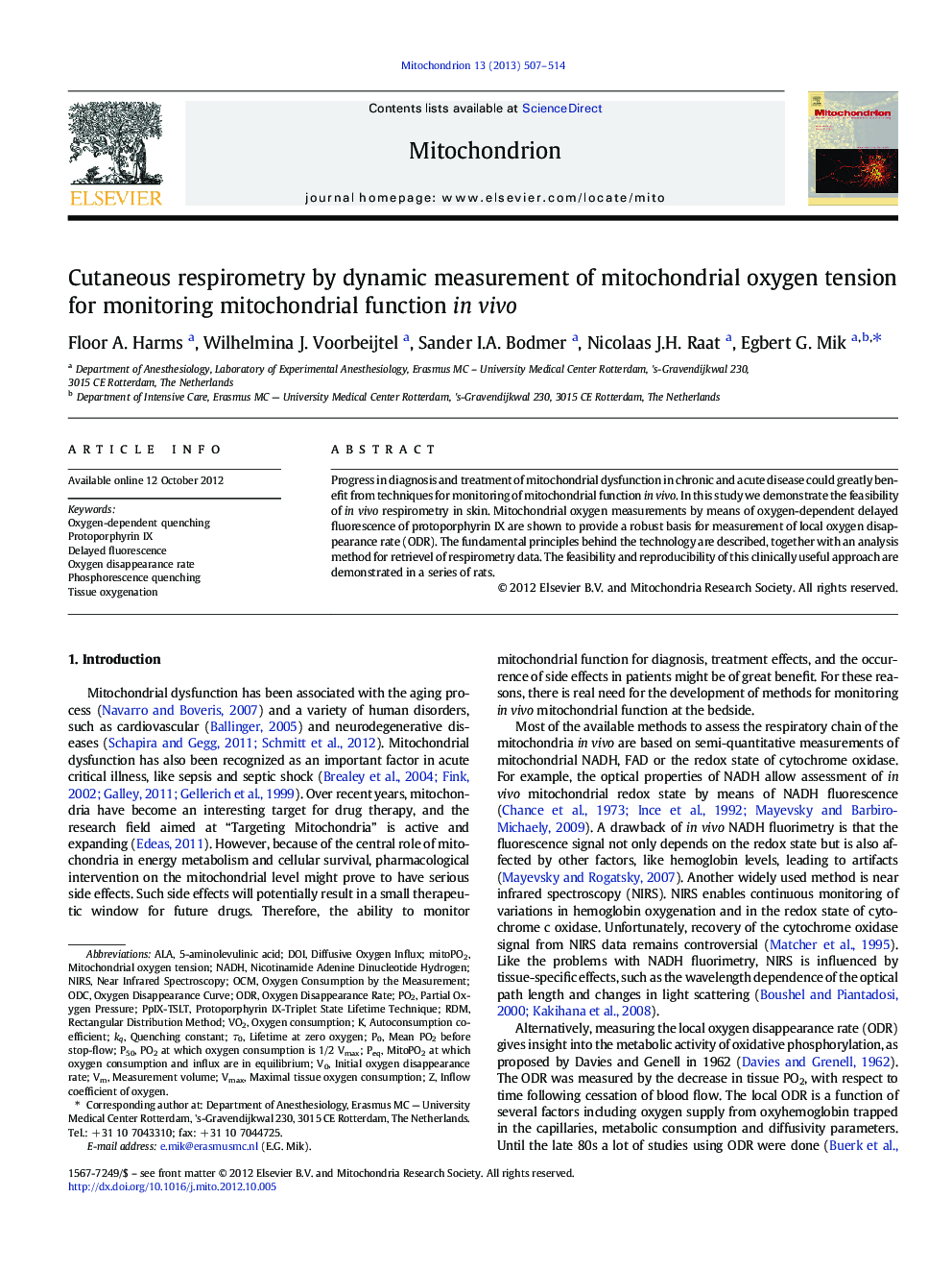 Cutaneous respirometry by dynamic measurement of mitochondrial oxygen tension for monitoring mitochondrial function in vivo