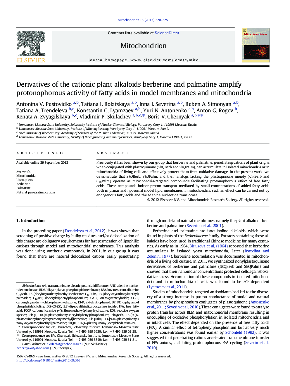 Derivatives of the cationic plant alkaloids berberine and palmatine amplify protonophorous activity of fatty acids in model membranes and mitochondria