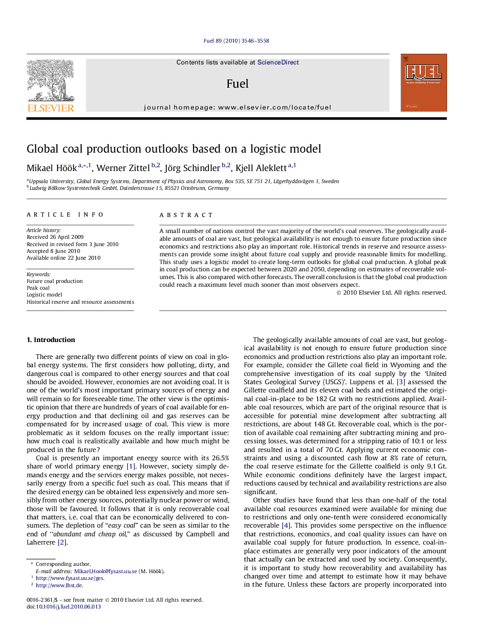 Global coal production outlooks based on a logistic model