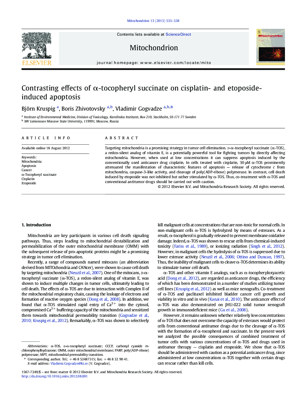 Contrasting effects of α-tocopheryl succinate on cisplatin- and etoposide-induced apoptosis