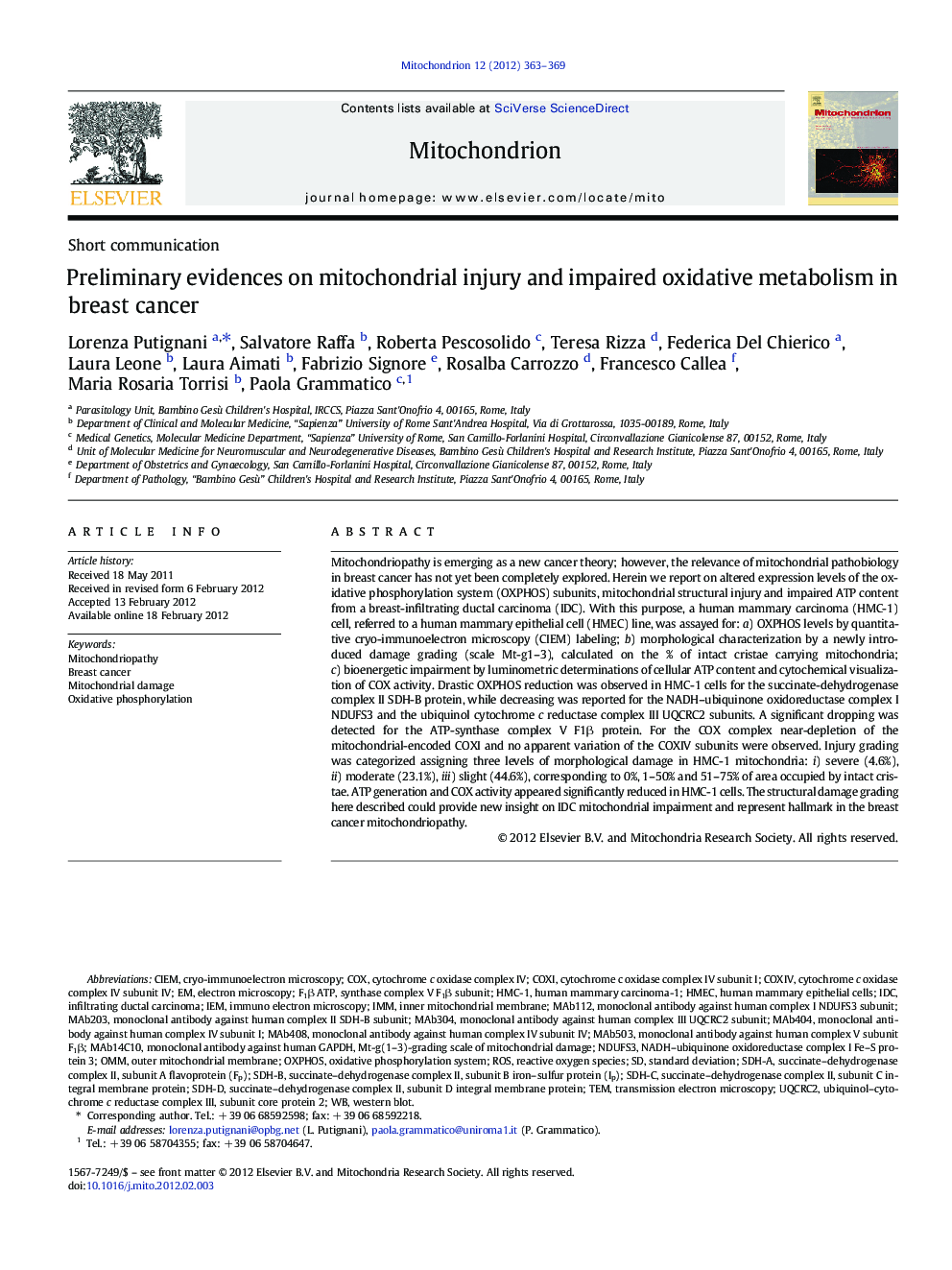 Preliminary evidences on mitochondrial injury and impaired oxidative metabolism in breast cancer