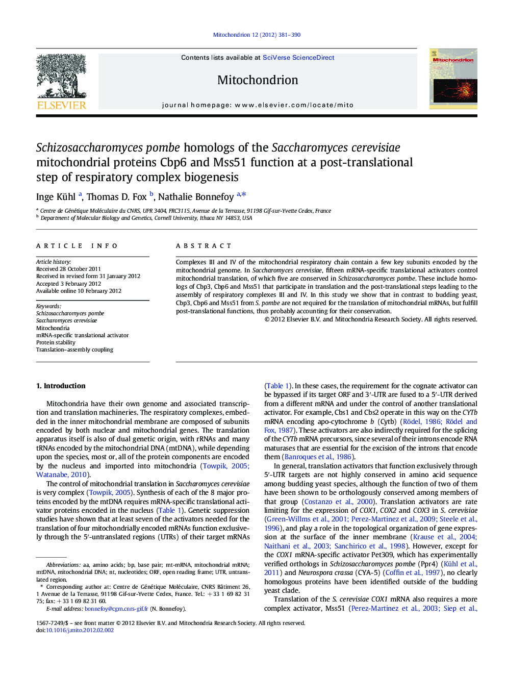 Schizosaccharomyces pombe homologs of the Saccharomyces cerevisiae mitochondrial proteins Cbp6 and Mss51 function at a post-translational step of respiratory complex biogenesis