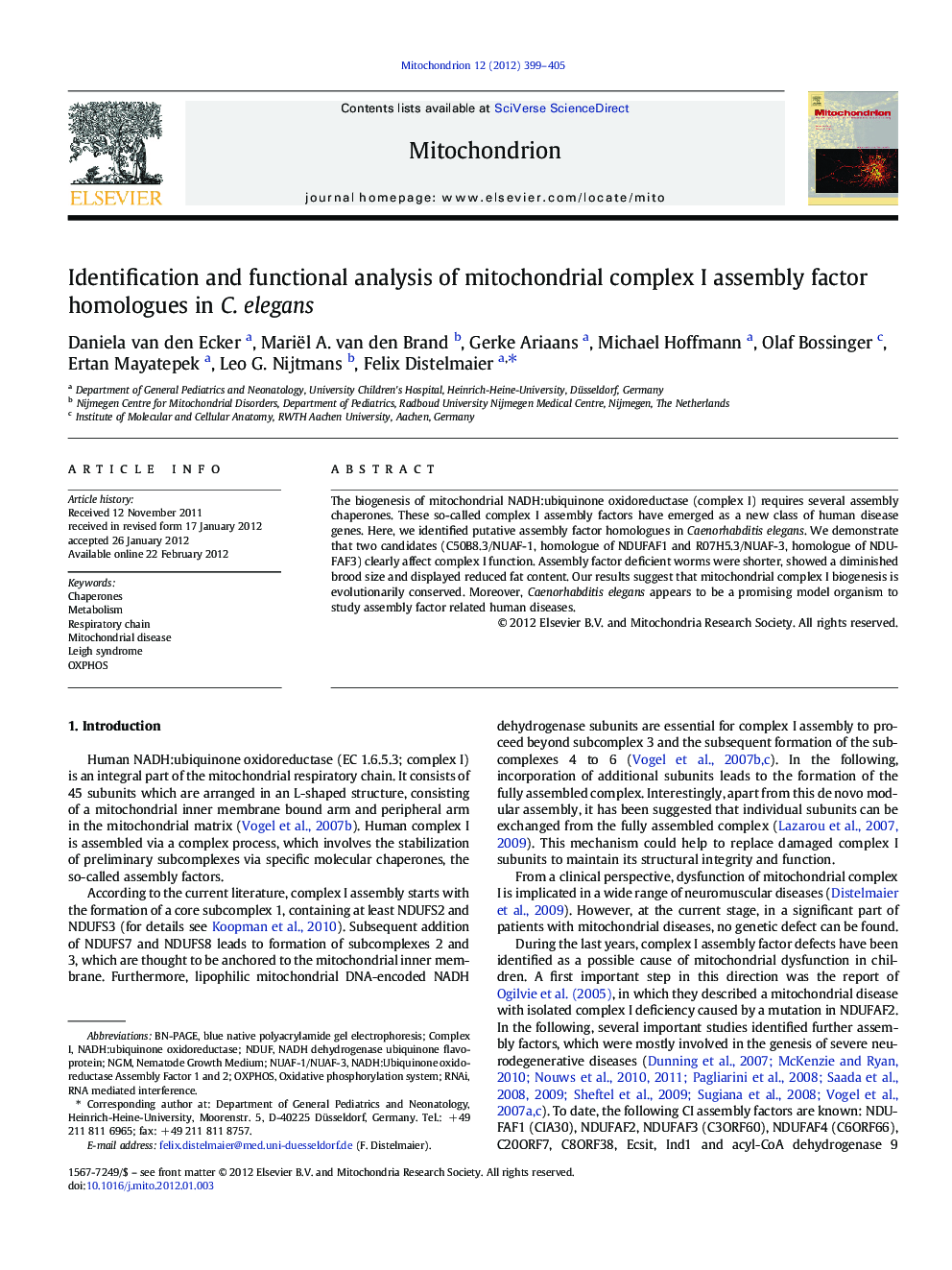 Identification and functional analysis of mitochondrial complex I assembly factor homologues in C. elegans