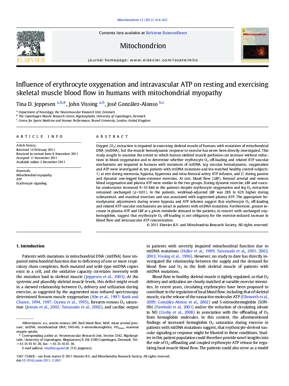 Influence of erythrocyte oxygenation and intravascular ATP on resting and exercising skeletal muscle blood flow in humans with mitochondrial myopathy