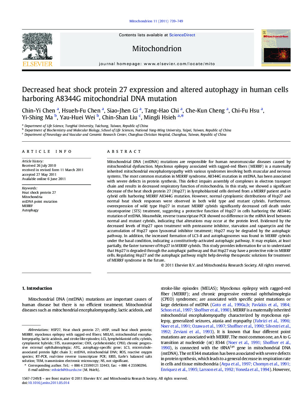 Decreased heat shock protein 27 expression and altered autophagy in human cells harboring A8344G mitochondrial DNA mutation