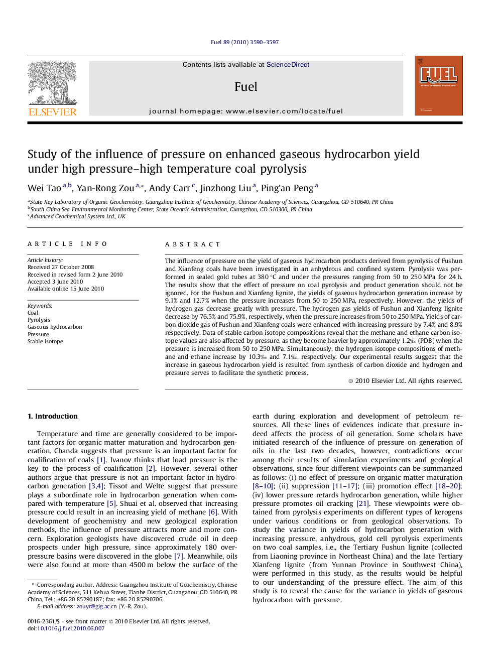 Study of the influence of pressure on enhanced gaseous hydrocarbon yield under high pressure–high temperature coal pyrolysis