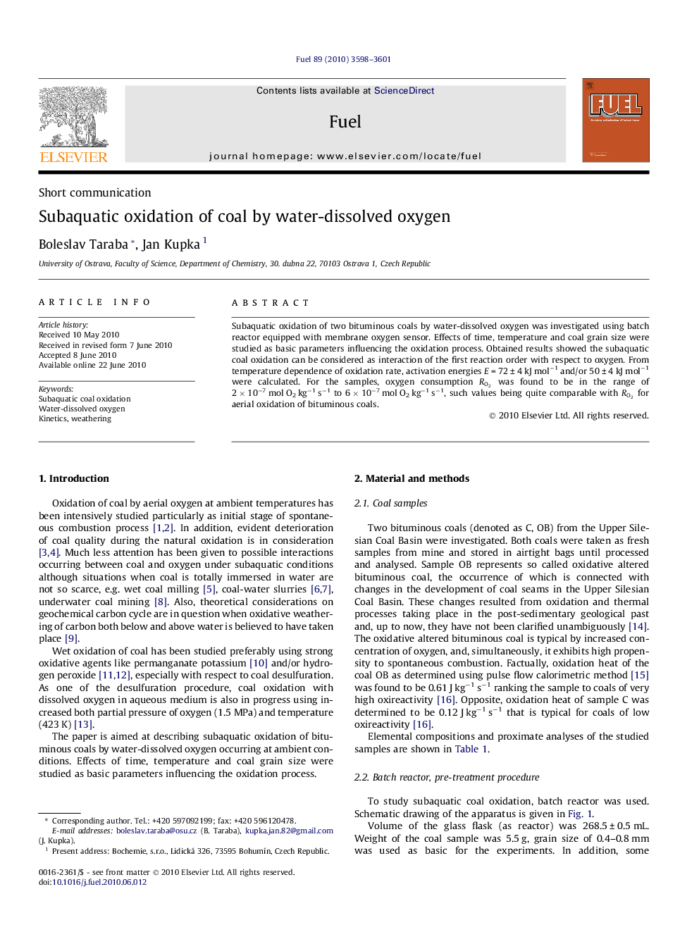 Subaquatic oxidation of coal by water-dissolved oxygen