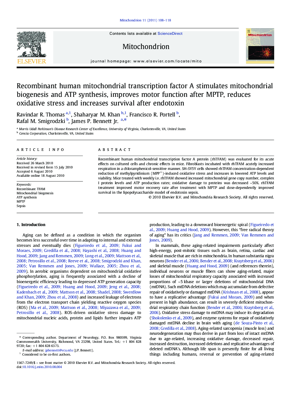 Recombinant human mitochondrial transcription factor A stimulates mitochondrial biogenesis and ATP synthesis, improves motor function after MPTP, reduces oxidative stress and increases survival after endotoxin