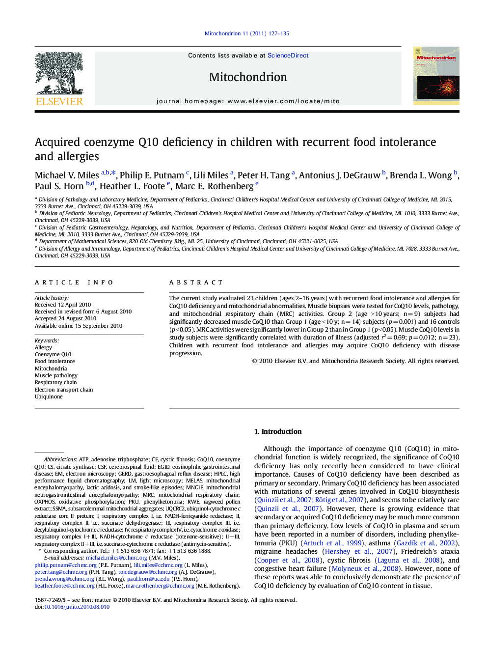 Acquired coenzyme Q10 deficiency in children with recurrent food intolerance and allergies