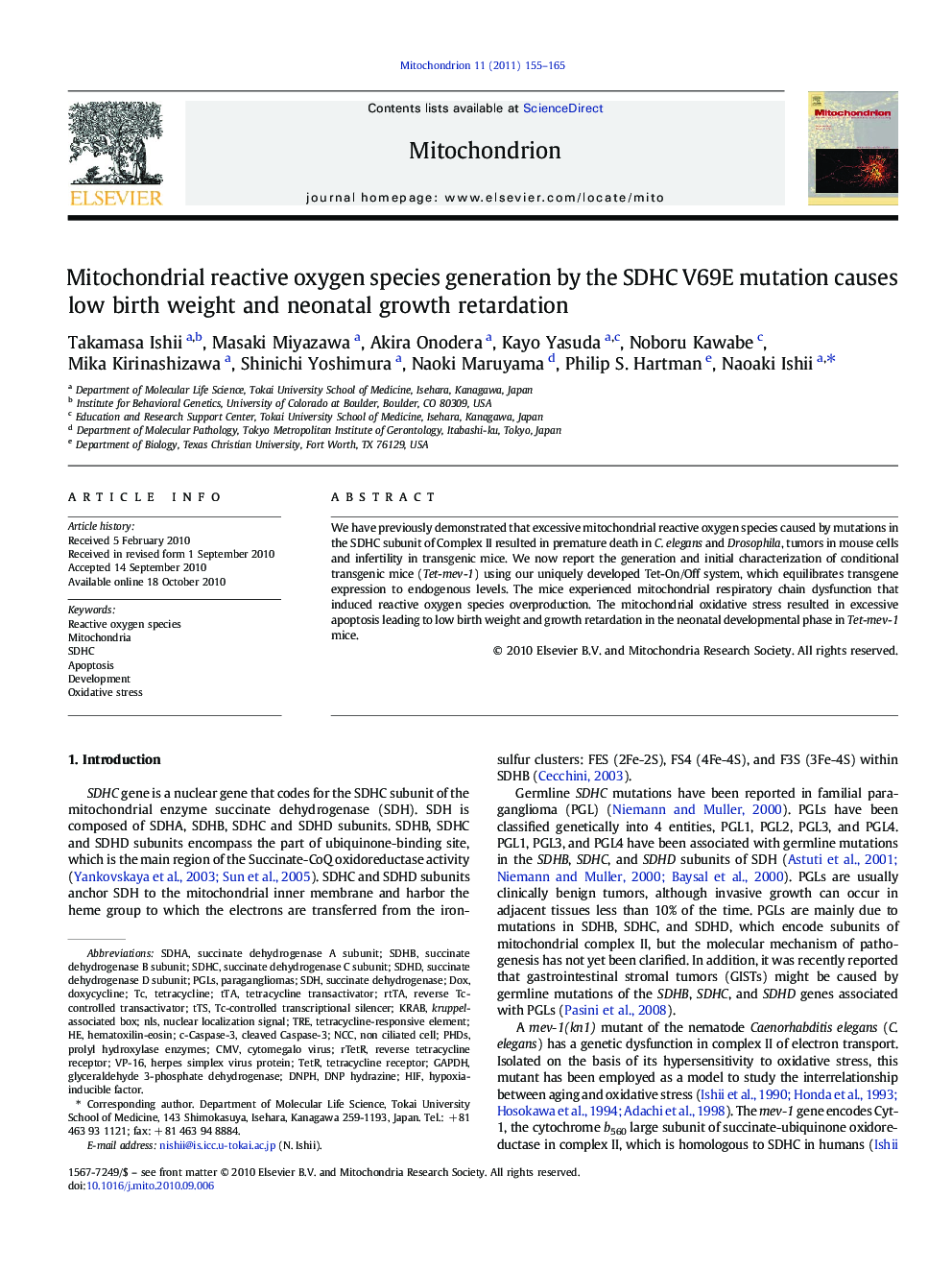 Mitochondrial reactive oxygen species generation by the SDHC V69E mutation causes low birth weight and neonatal growth retardation