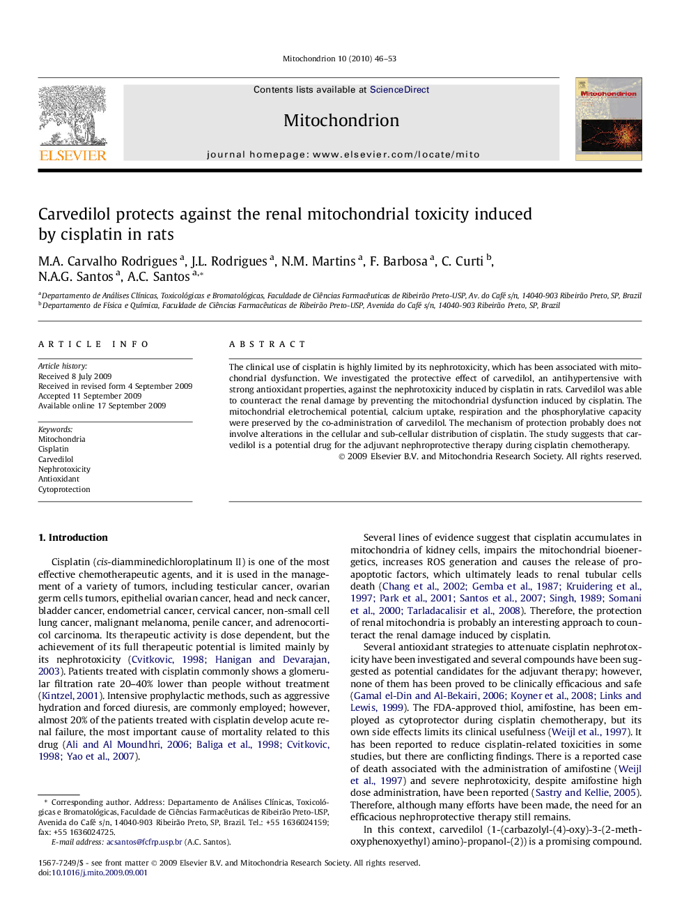 Carvedilol protects against the renal mitochondrial toxicity induced by cisplatin in rats