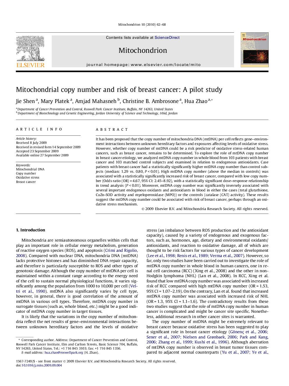 Mitochondrial copy number and risk of breast cancer: A pilot study