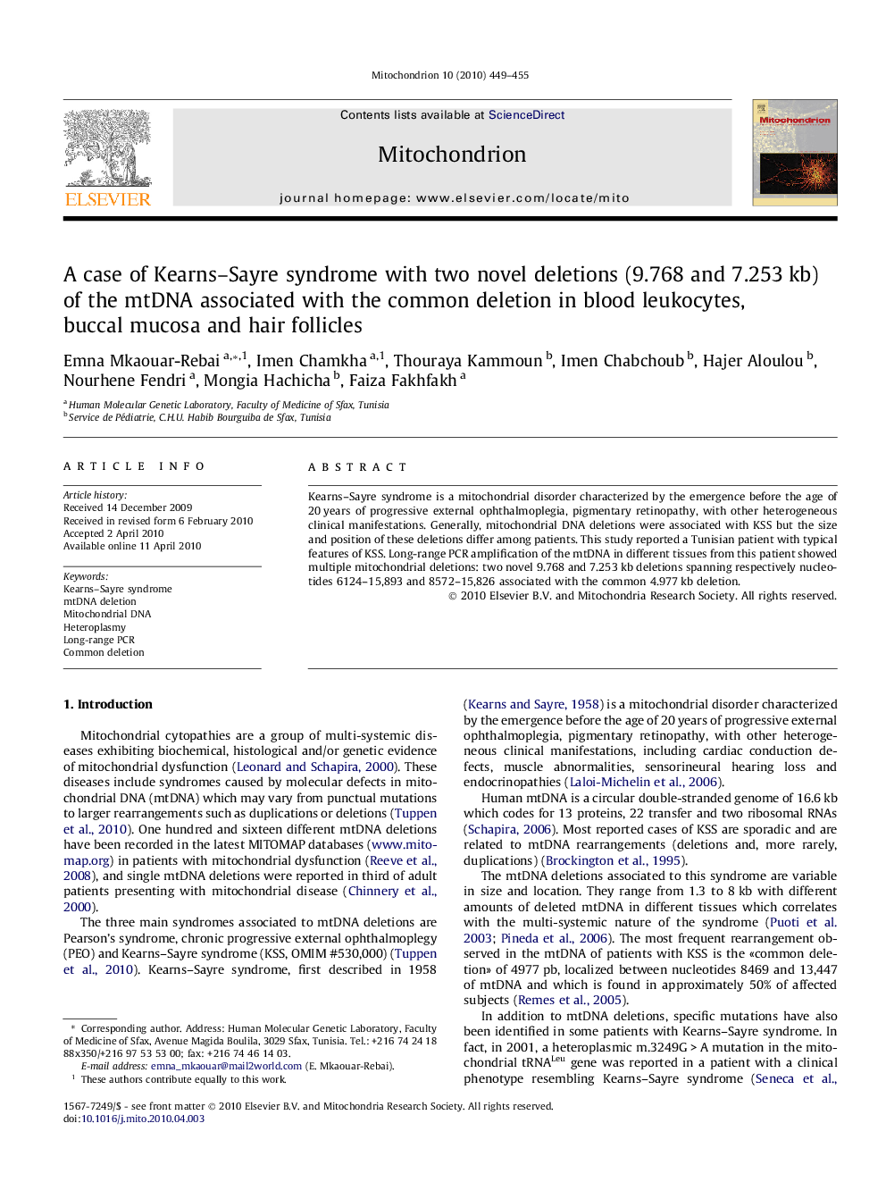 A case of Kearns–Sayre syndrome with two novel deletions (9.768 and 7.253 kb) of the mtDNA associated with the common deletion in blood leukocytes, buccal mucosa and hair follicles