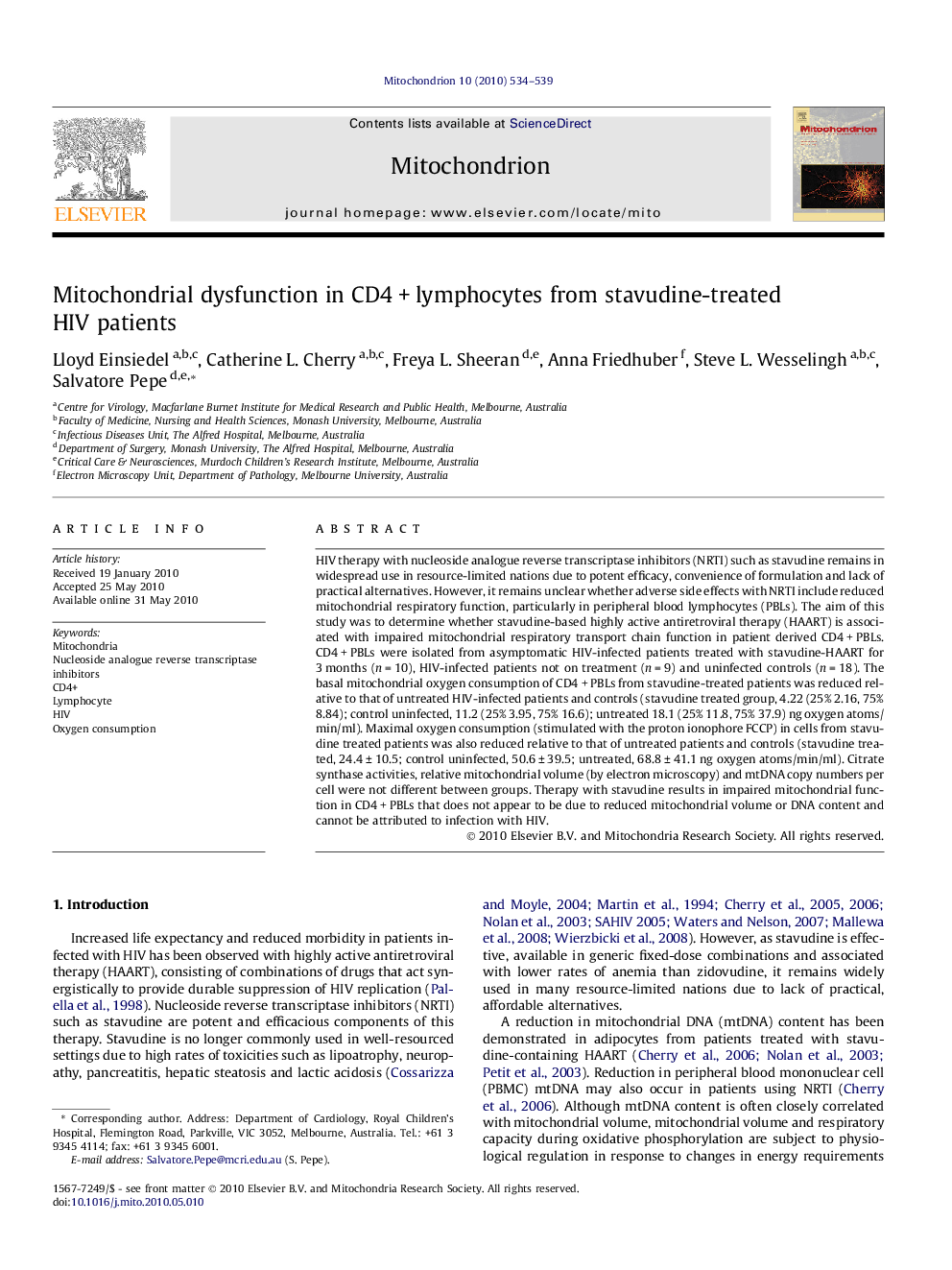 Mitochondrial dysfunction in CD4 + lymphocytes from stavudine-treated HIV patients