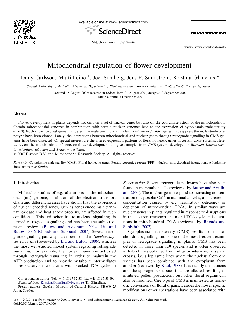 Mitochondrial regulation of flower development