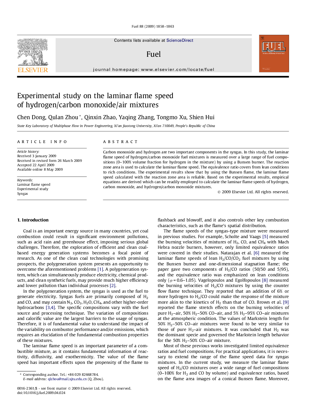 Experimental study on the laminar flame speed of hydrogen/carbon monoxide/air mixtures