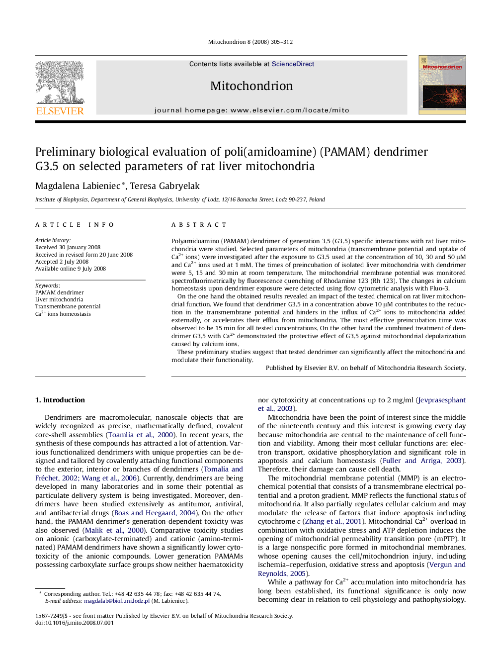 Preliminary biological evaluation of poli(amidoamine) (PAMAM) dendrimer G3.5 on selected parameters of rat liver mitochondria