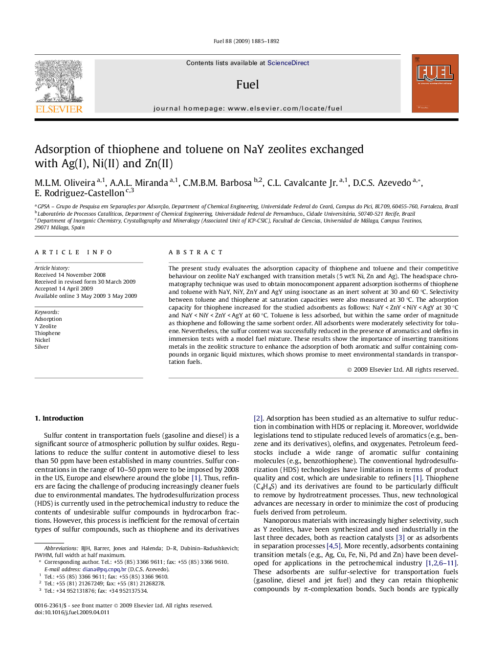 Adsorption of thiophene and toluene on NaY zeolites exchanged with Ag(I), Ni(II) and Zn(II)