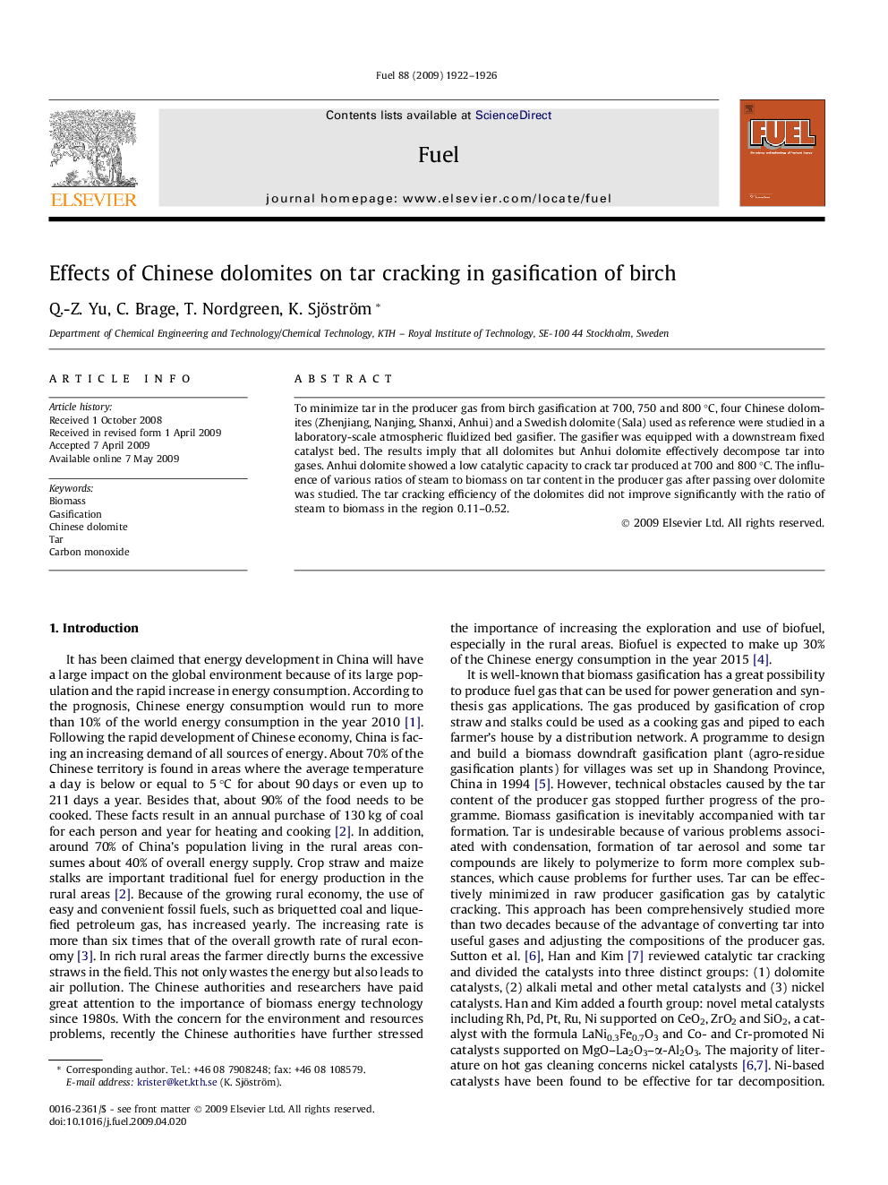 Effects of Chinese dolomites on tar cracking in gasification of birch