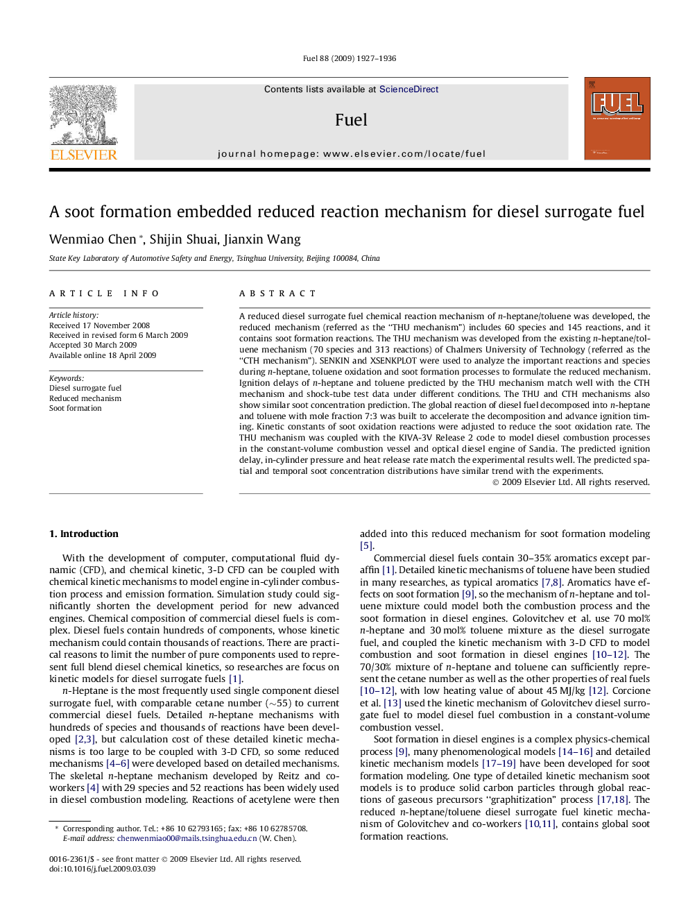 A soot formation embedded reduced reaction mechanism for diesel surrogate fuel